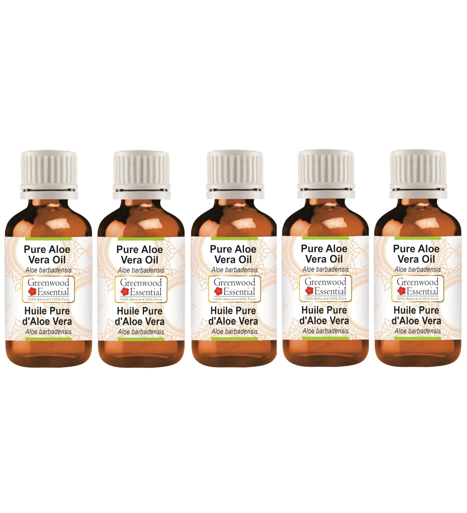 Buy Greenwood Essential Natural Aloe Vera Oil (5 Pack) - 100ml x 5 - Therapeutic Quality for Hair Skin & Aromatherapy - International Shipping - Buy Online on GoSupps.com