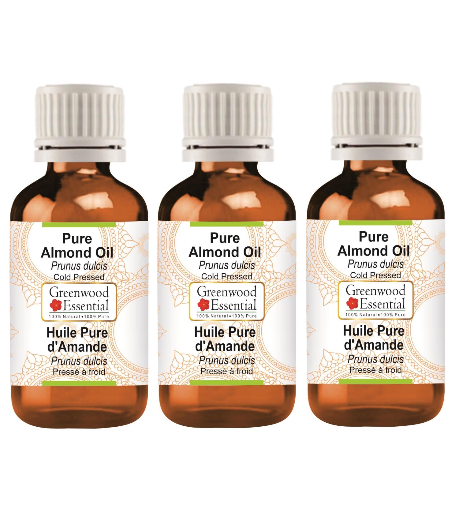 Buy Greenwood Essential Natural Almond Oil (Prunus Dulcis) - Cold-Pressed Therapeutic Quality - Pack of Three 100ml (10 oz) - Pure & Natural for Skin & Hair - Buy Online on GoSupps.com