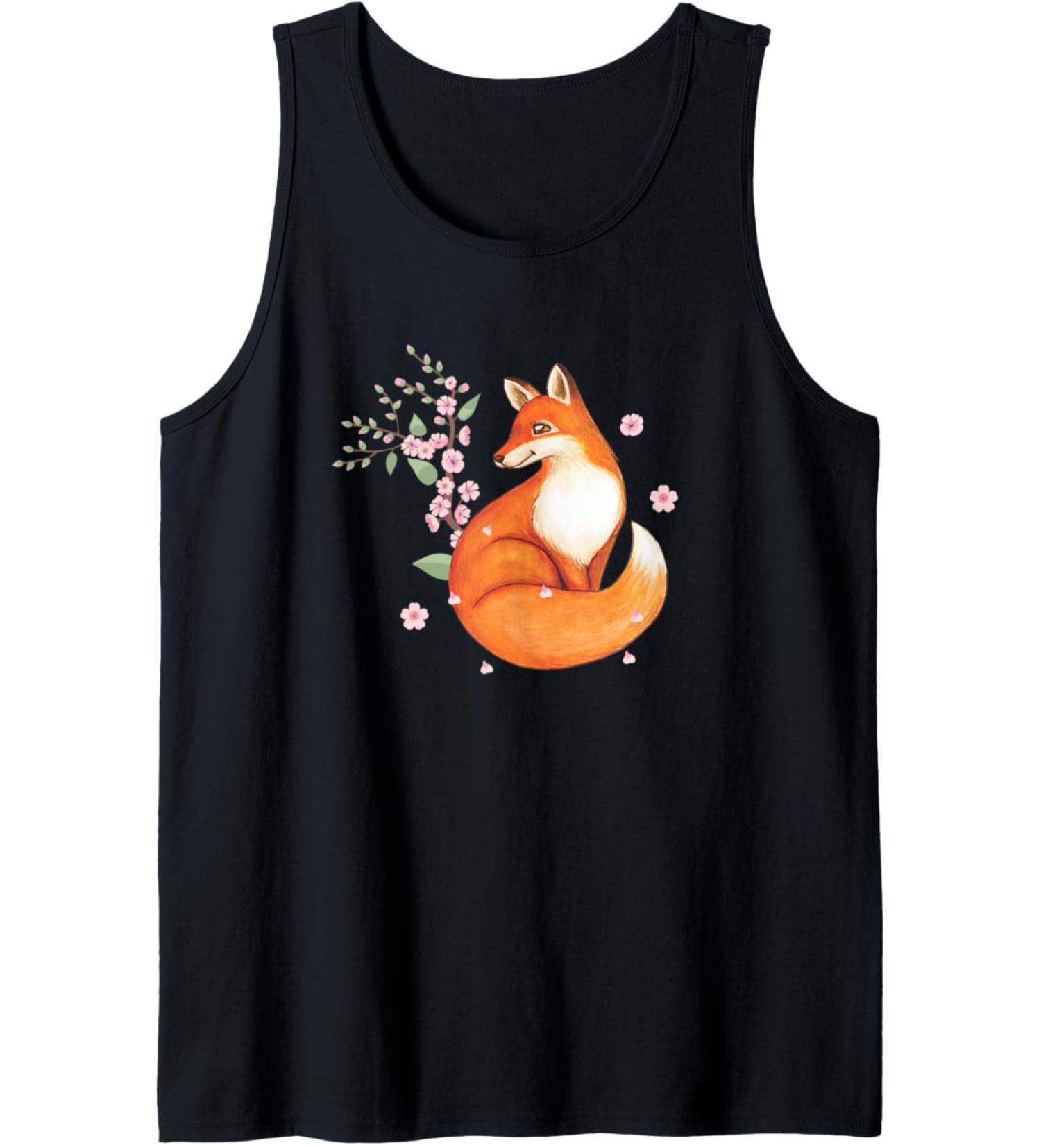 Fox Japanese Cherry Blossom Flower Vintage Gift Tank Top