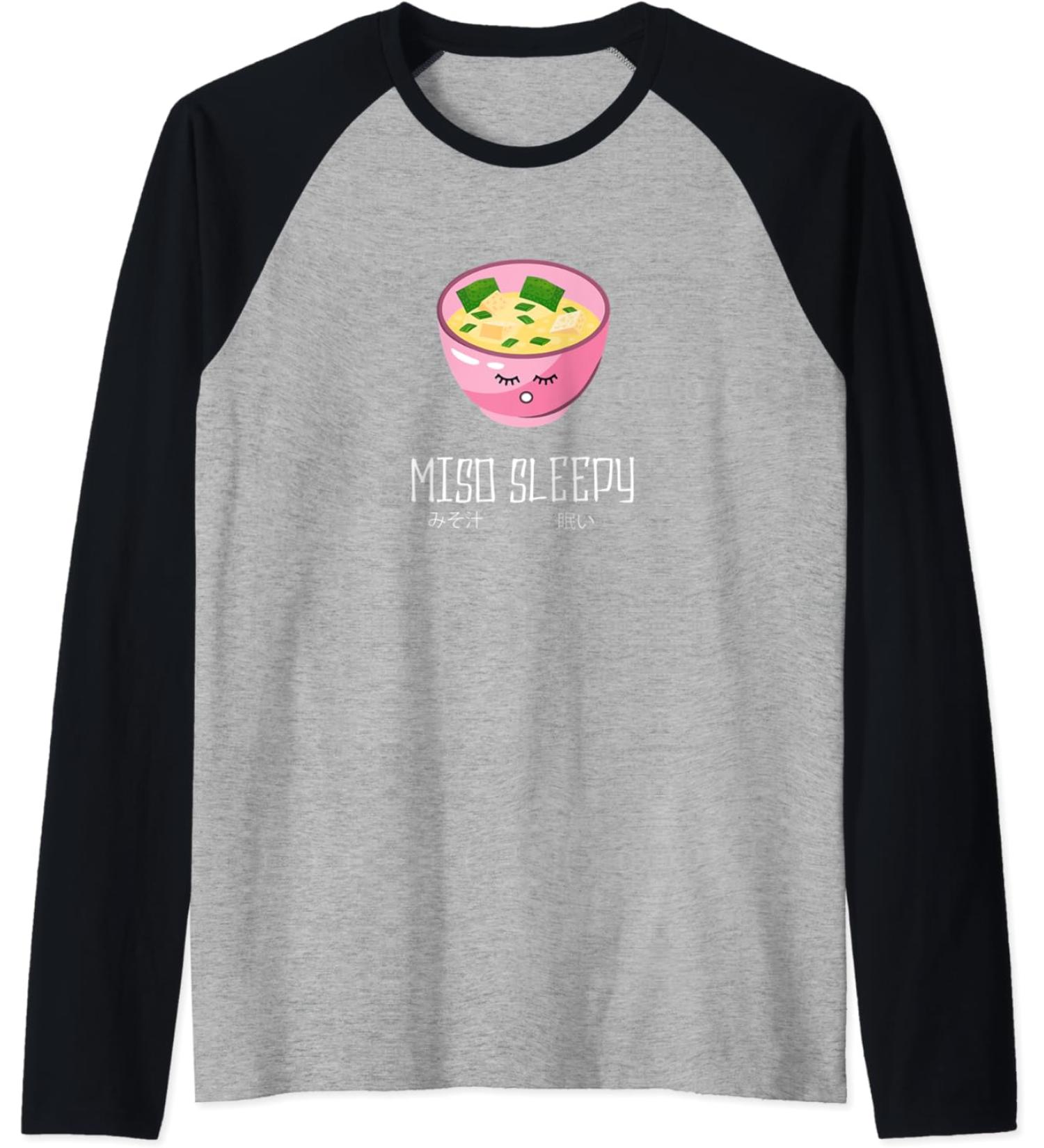 Japanese Classic Anime Miso Sleepy Ramen Bowl Raglan Baseball Tee