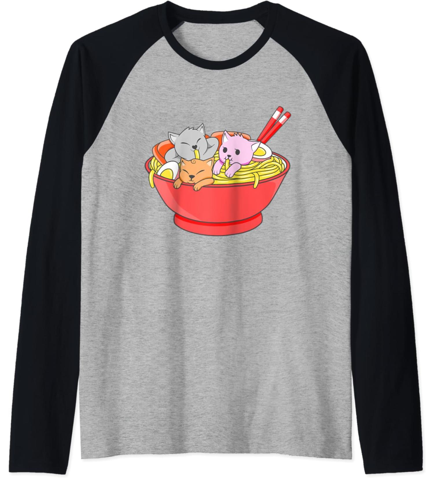 Anime Japanese Cat Ramen Kawaii Ramen Noodle Life Raglan Baseball Tee