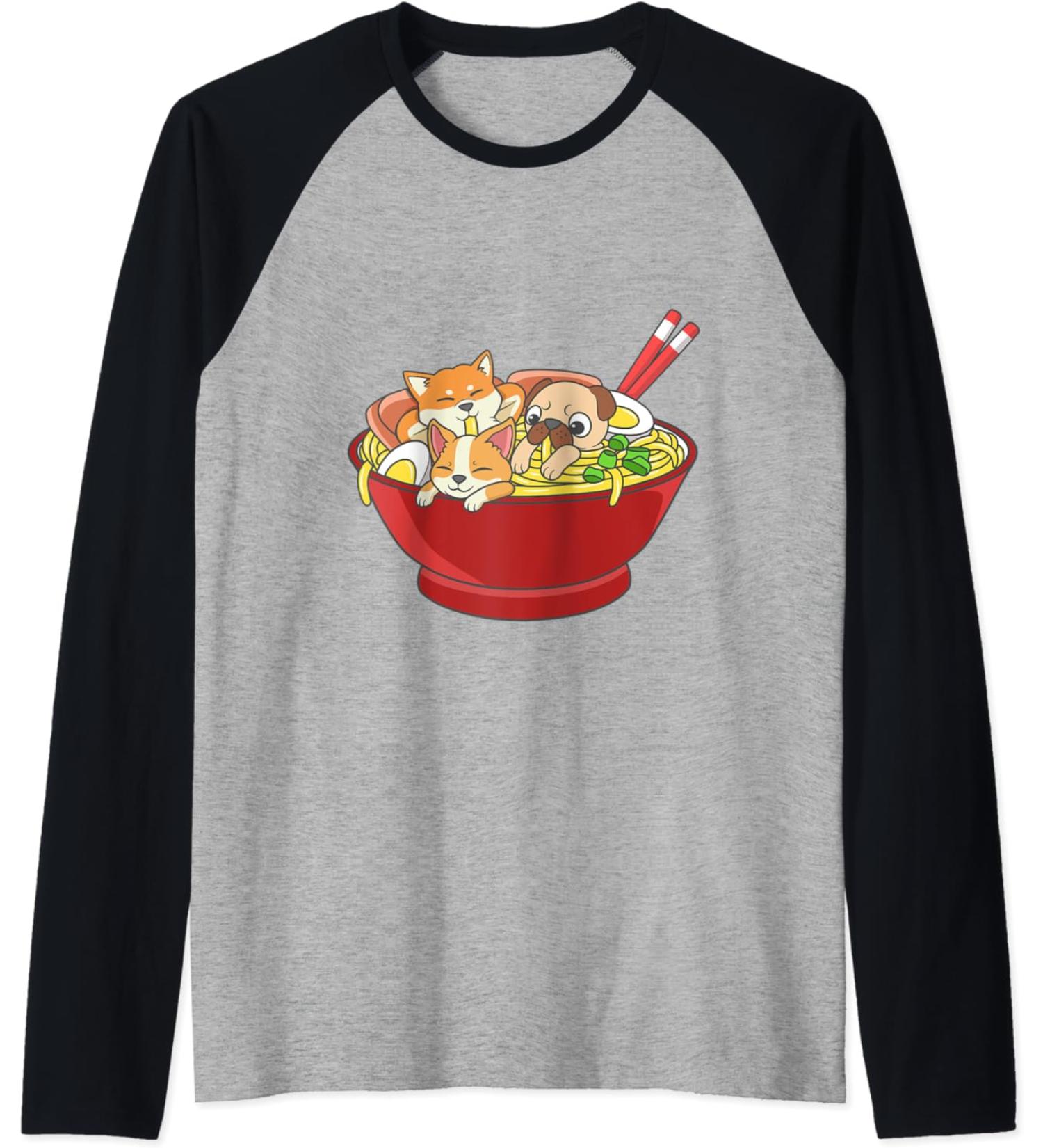Anime Japanese Dog Ramen Kawaii Ramen Noodle Life Raglan Baseball Tee