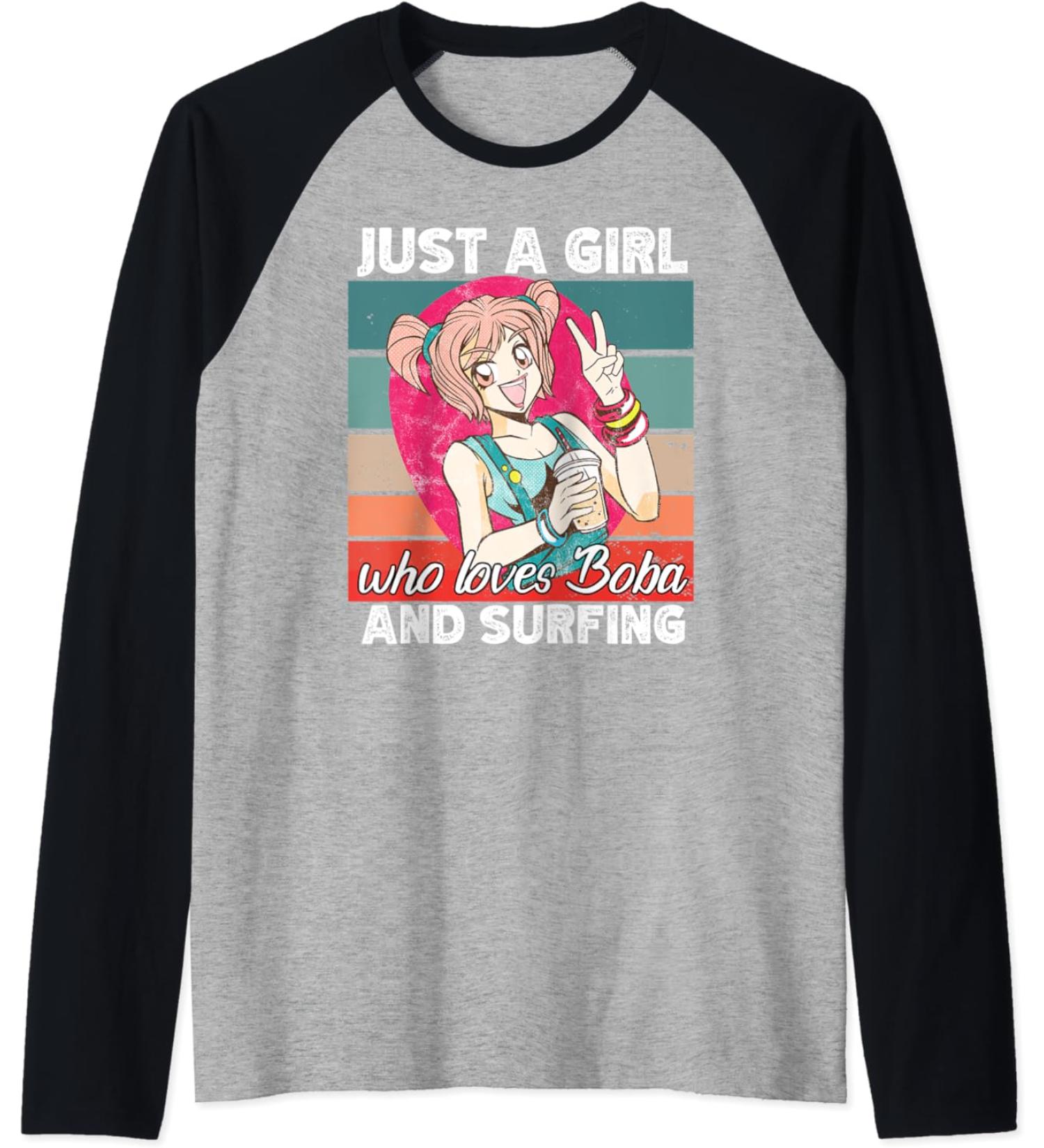 Just a girl who loves boba and Surfing kawaii Raglan Baseball Tee