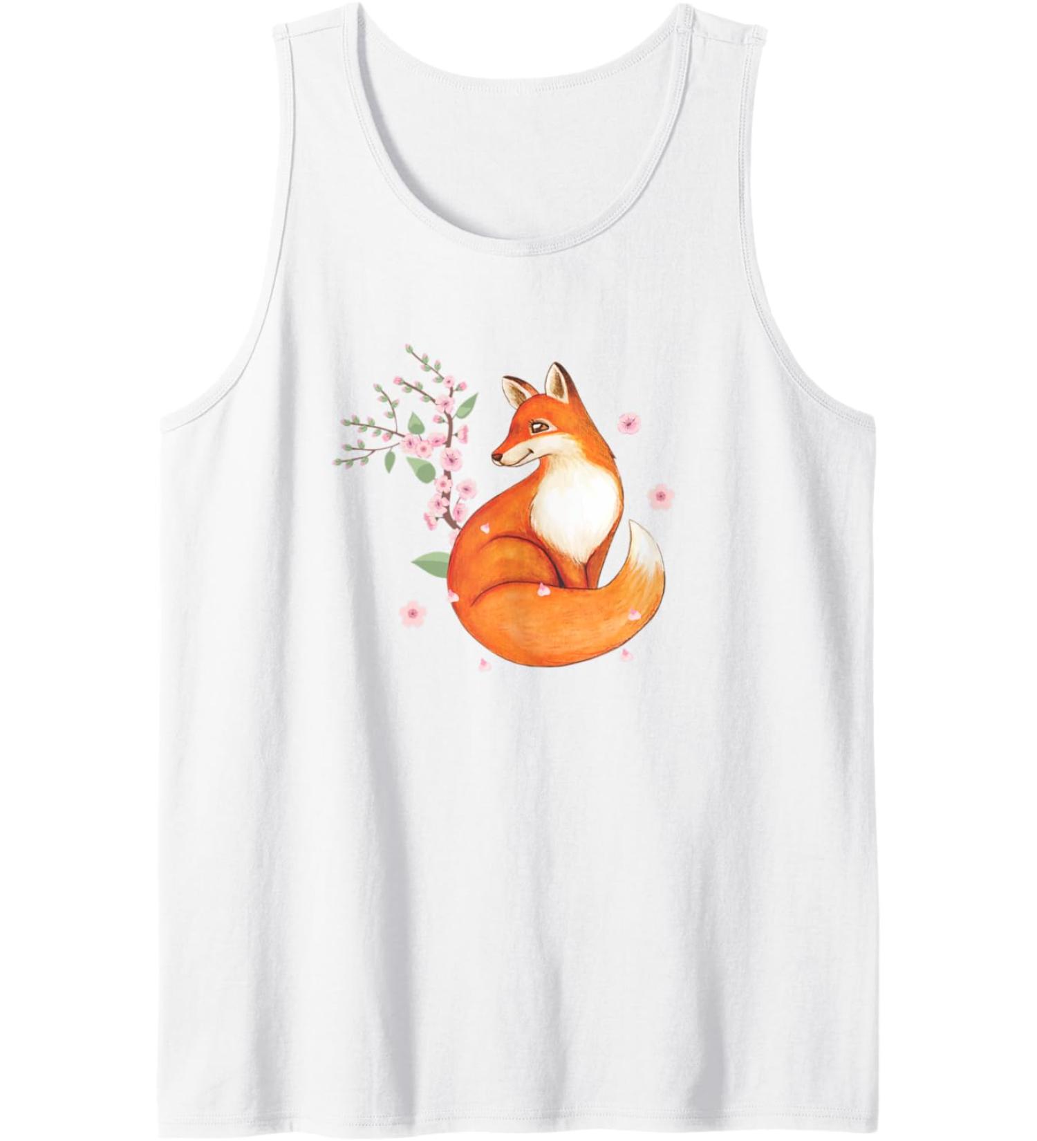 Fox Japanese Cherry Blossom Flower Vintage Gift Tank Top