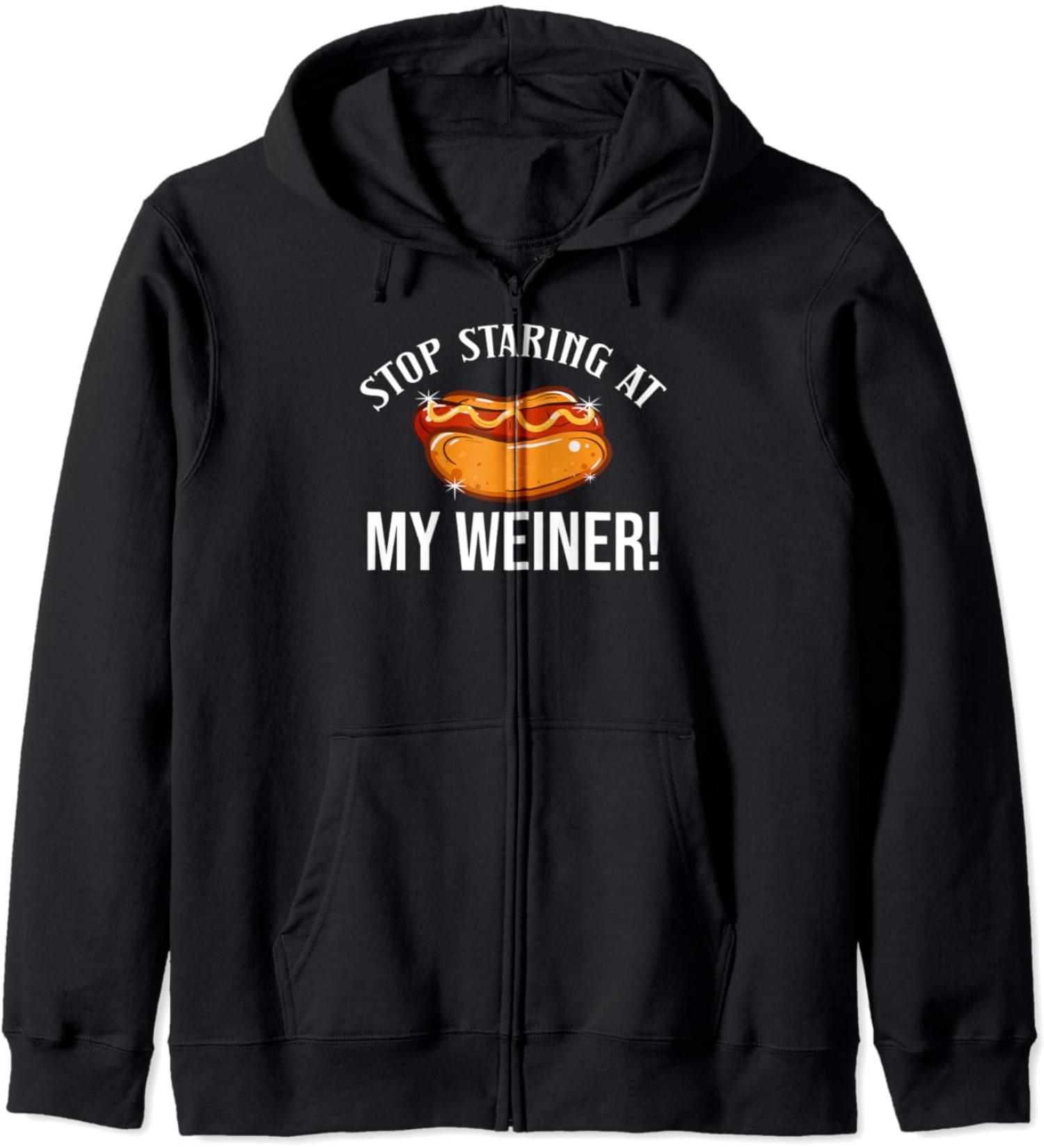 Stop Staring At My Weiner Hotdog Bun Ketchup Mustard Mayo Zip Hoodie