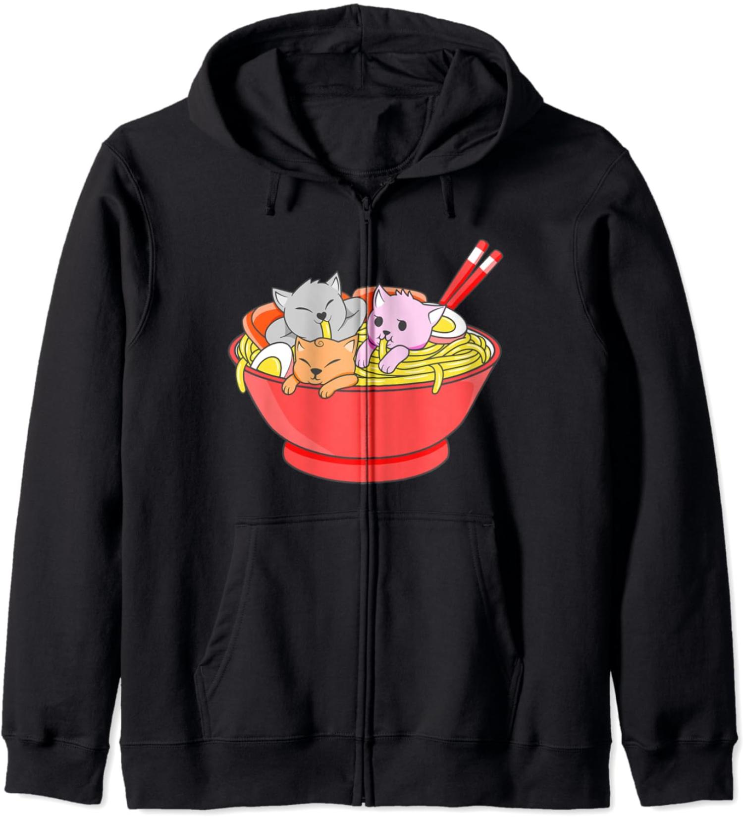 Anime Japanese Cat Ramen Kawaii Ramen Noodle Life Zip Hoodie