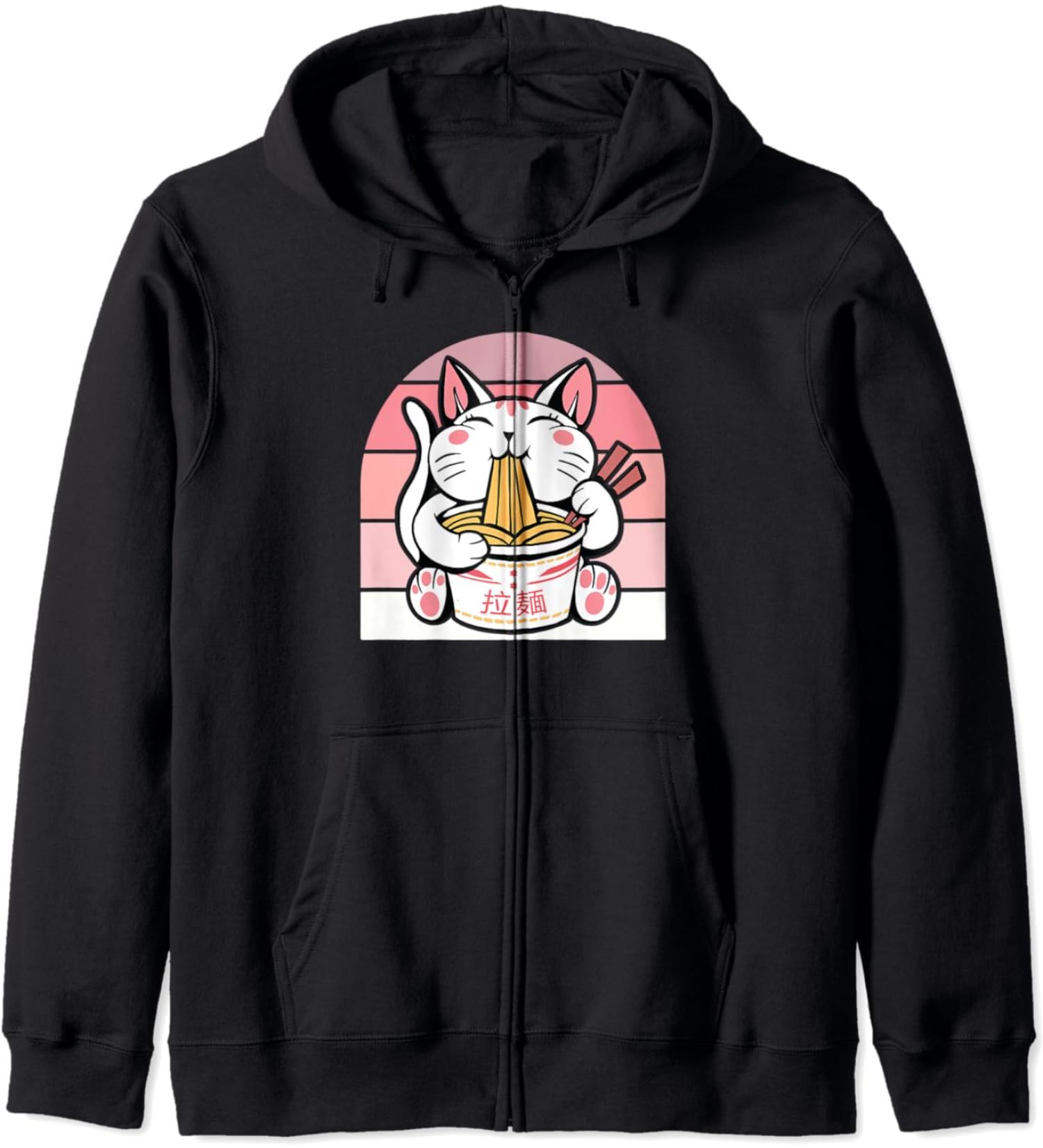 Kawaii Cat Neko Eating Ramen Noodle Soup Japanese Aesthetic Zip Hoodie