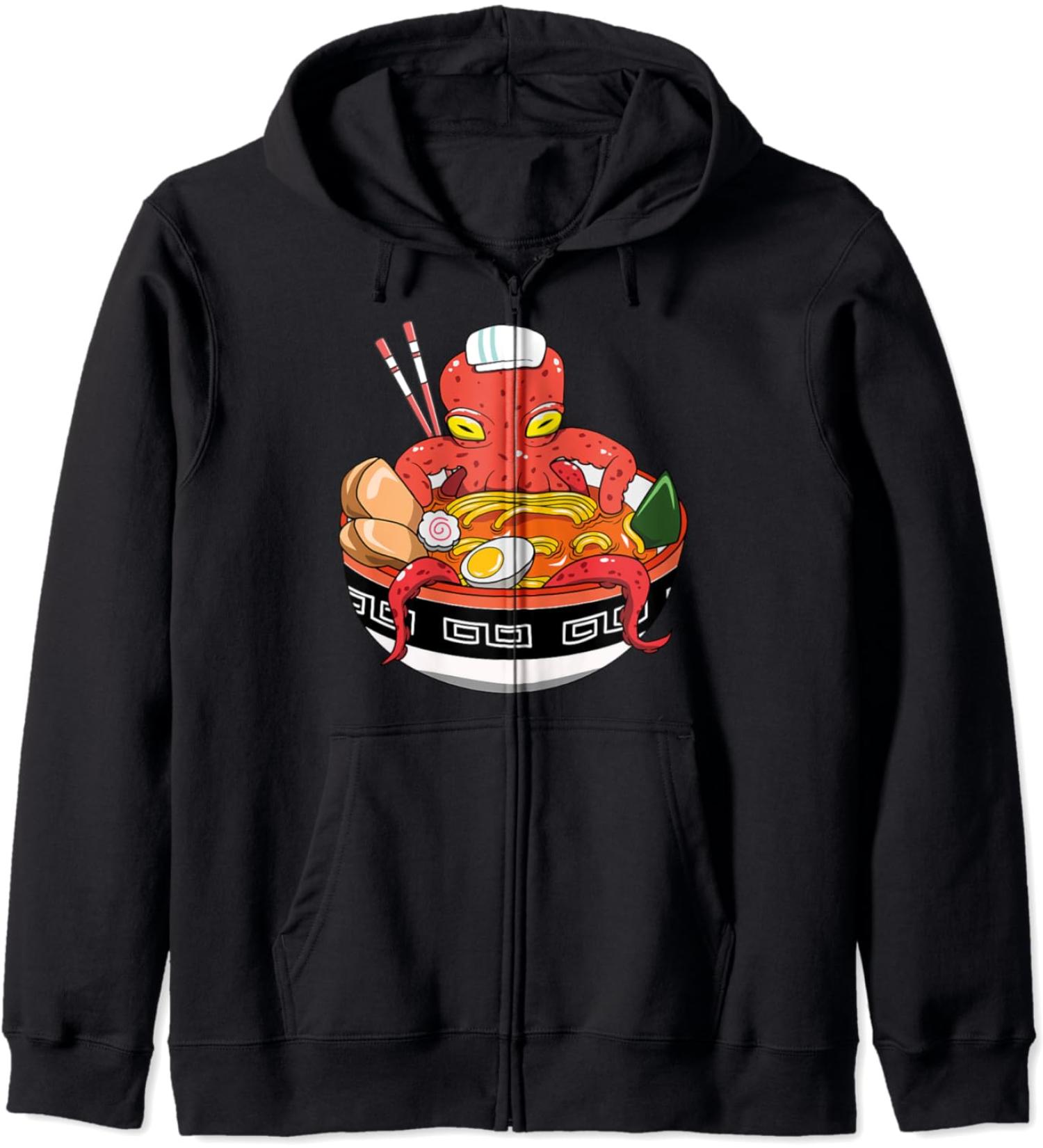 Japanese Kawaii Ramen Octopus Noodle Chillin Bowl Zip Hoodie