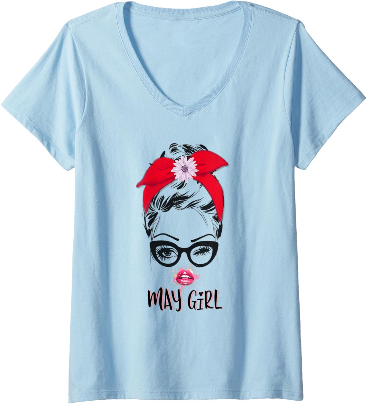 Womens May Girl Wink Eye Woman Face Wink Eyes Lady Face V-Neck T-Shirt