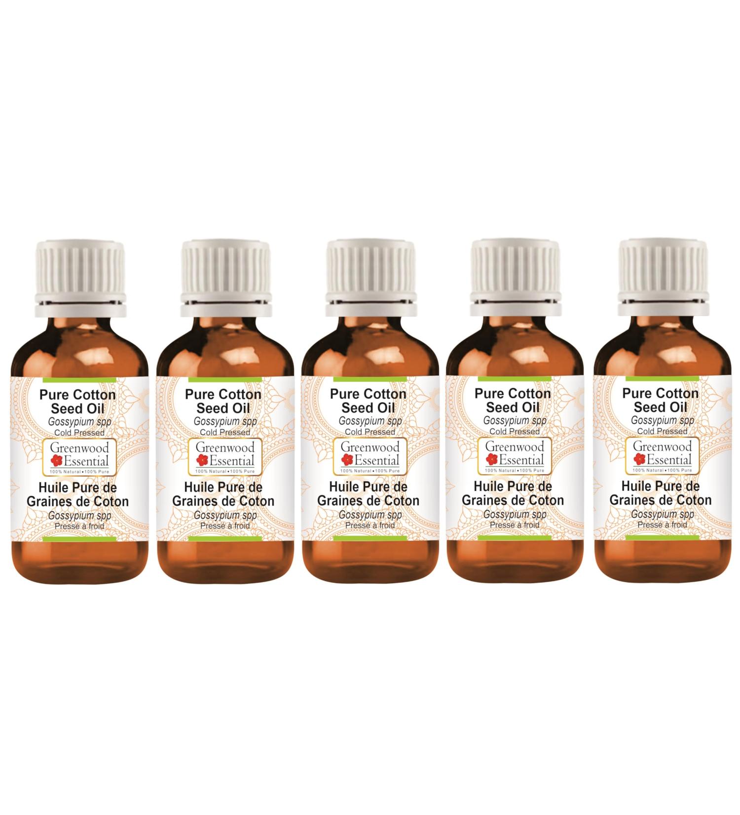 Greenwood Essential Natural Cotton Seed Oil - Cold-Pressed Therapeutic Quality (Pack of 5 500ml) - 100% Pure Gossypium Spp. Oil for Health & Wellness - Buy Online on GoSupps.com