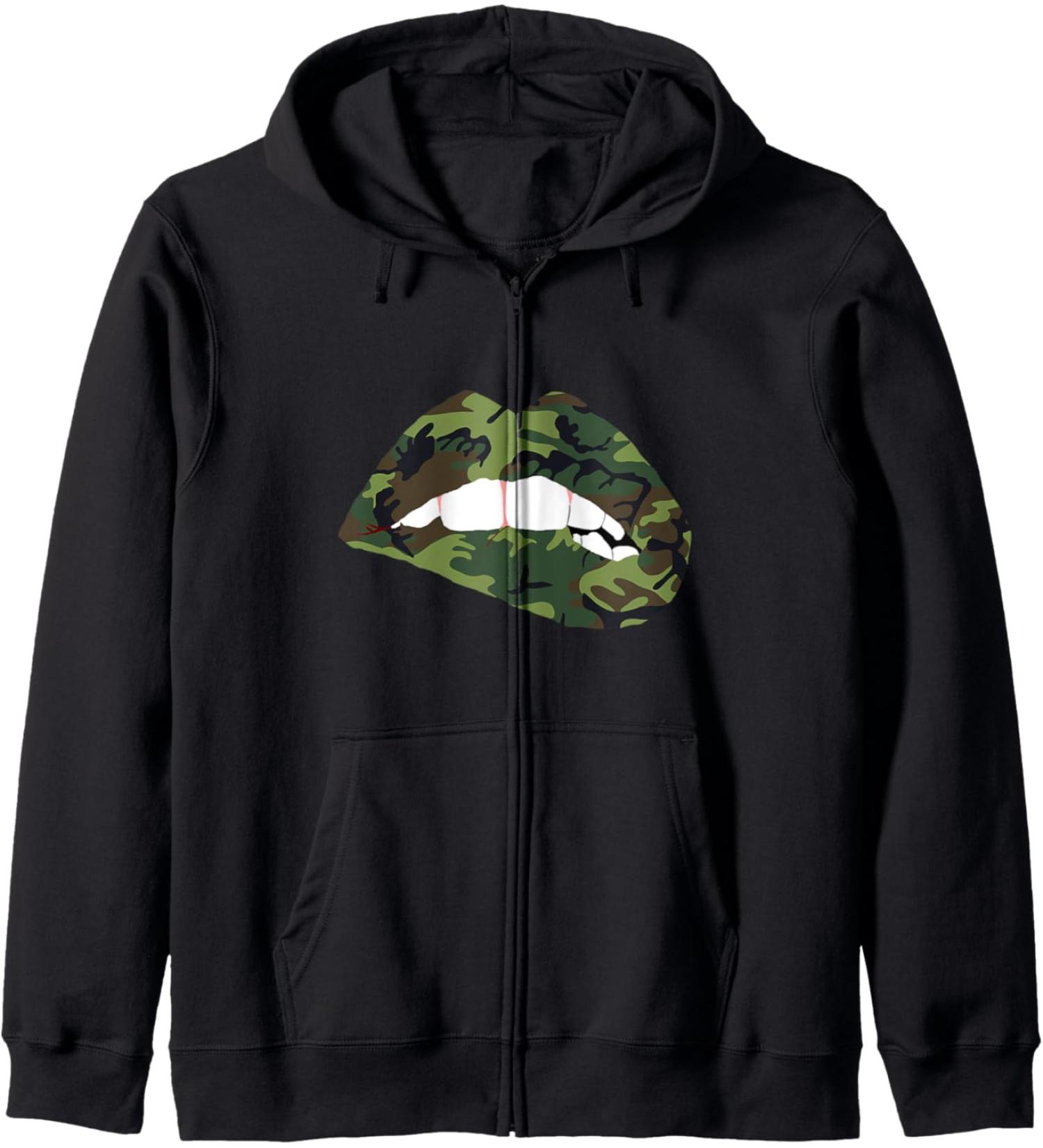 Camouflage Lips Mouth Military Kiss Me Biting Camo Kissing Zip Hoodie