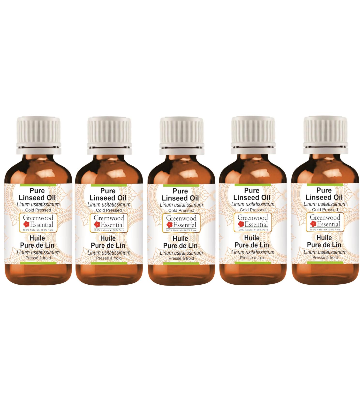 Greenwood Essential Pure Linseed Oil (Linum usitatissimum) Cold Pressed (Pack of Five) 100ml X 5 (16.9 oz) - Buy Online on GoSupps.com