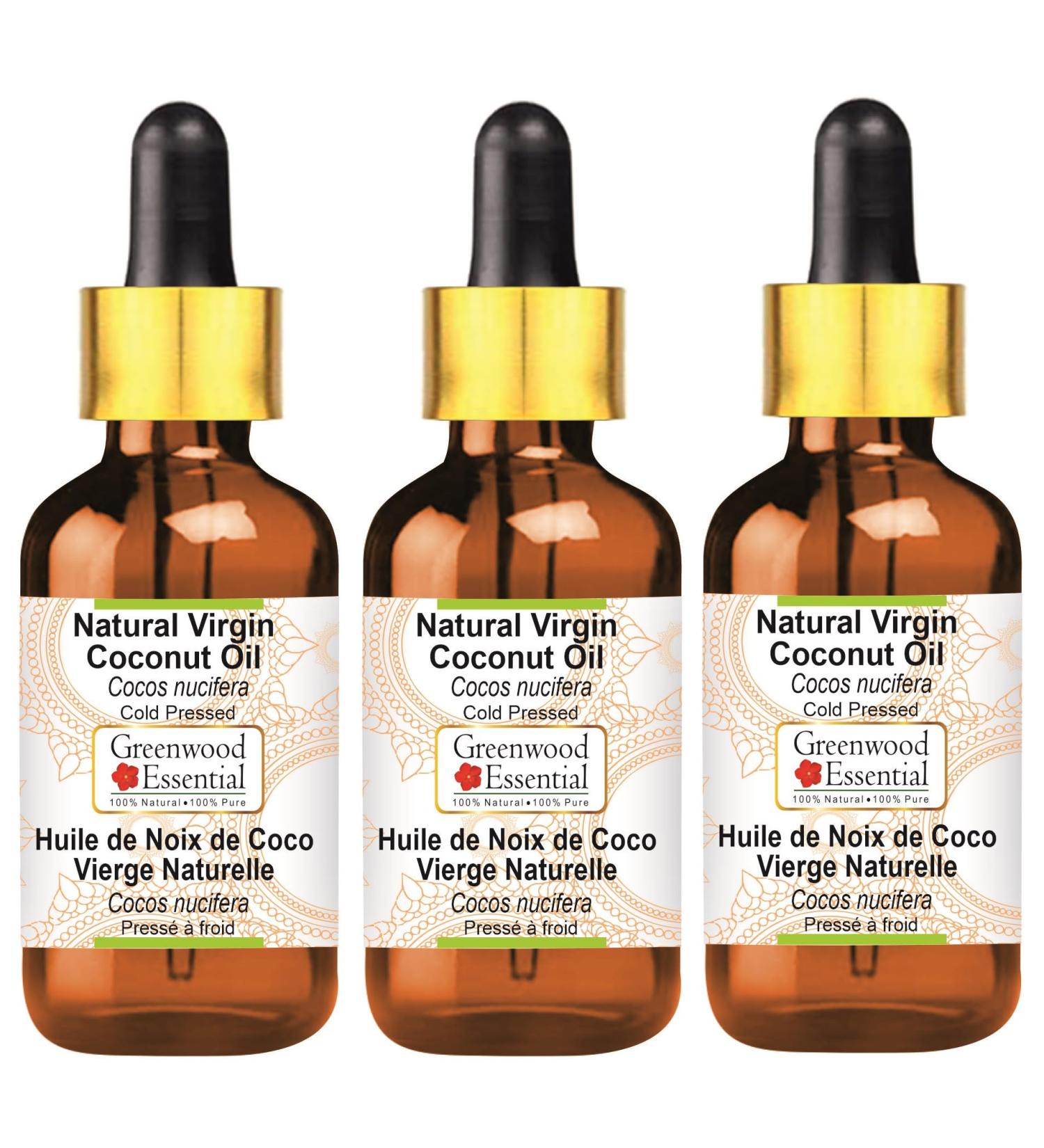 Greenwood Essential Natural Virgin Coconut Oil (Cocos nucifera) with Glass Dropper Cold Pressed (Pack of Three) 100ml X 3 (10 oz) - Buy Online on GoSupps.com