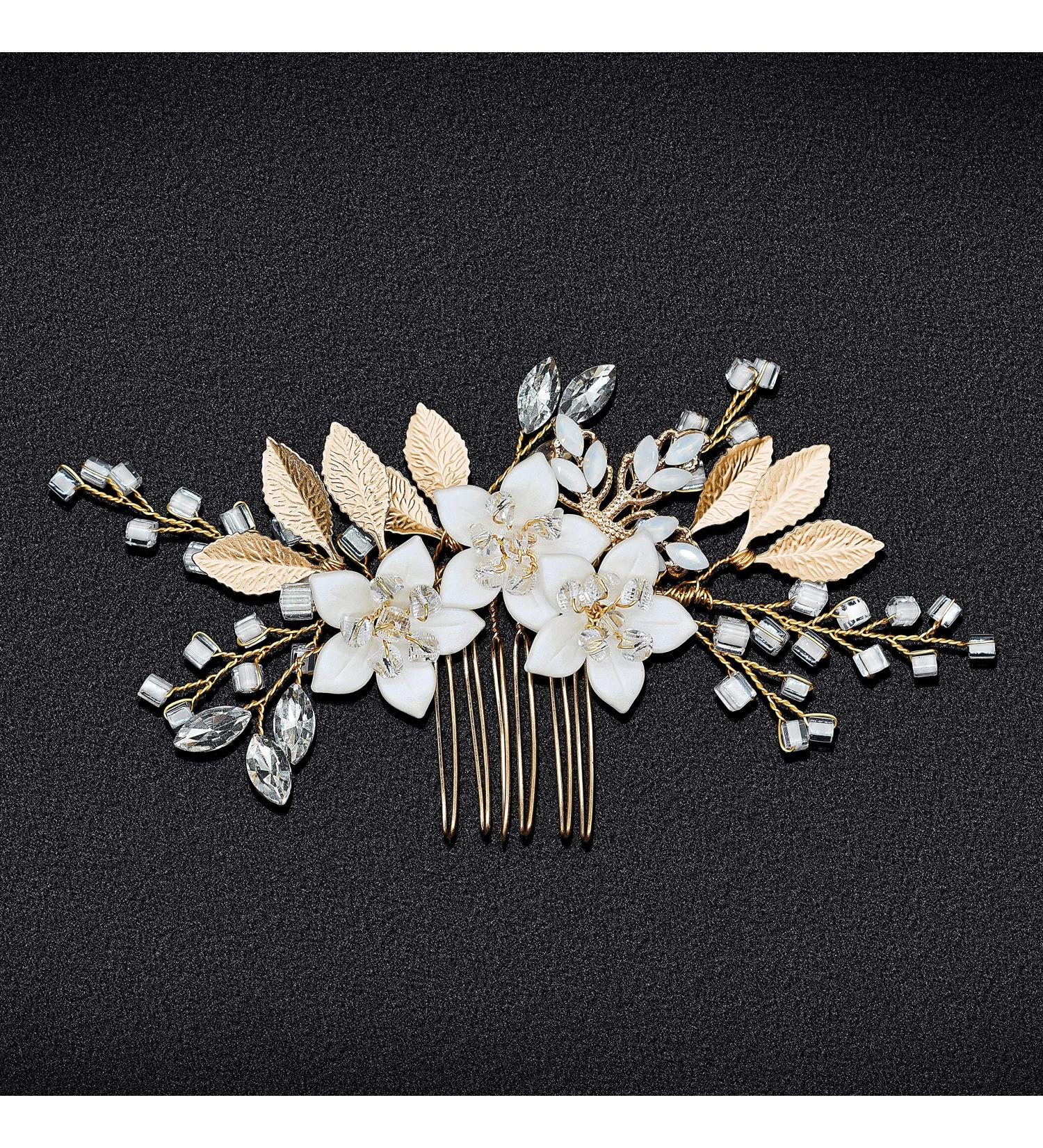 Gold Wedding Hair Accessories Comb with Rhinestone Crystal Flower for Brides and Bridal Party - Buy Online on GoSupps.com