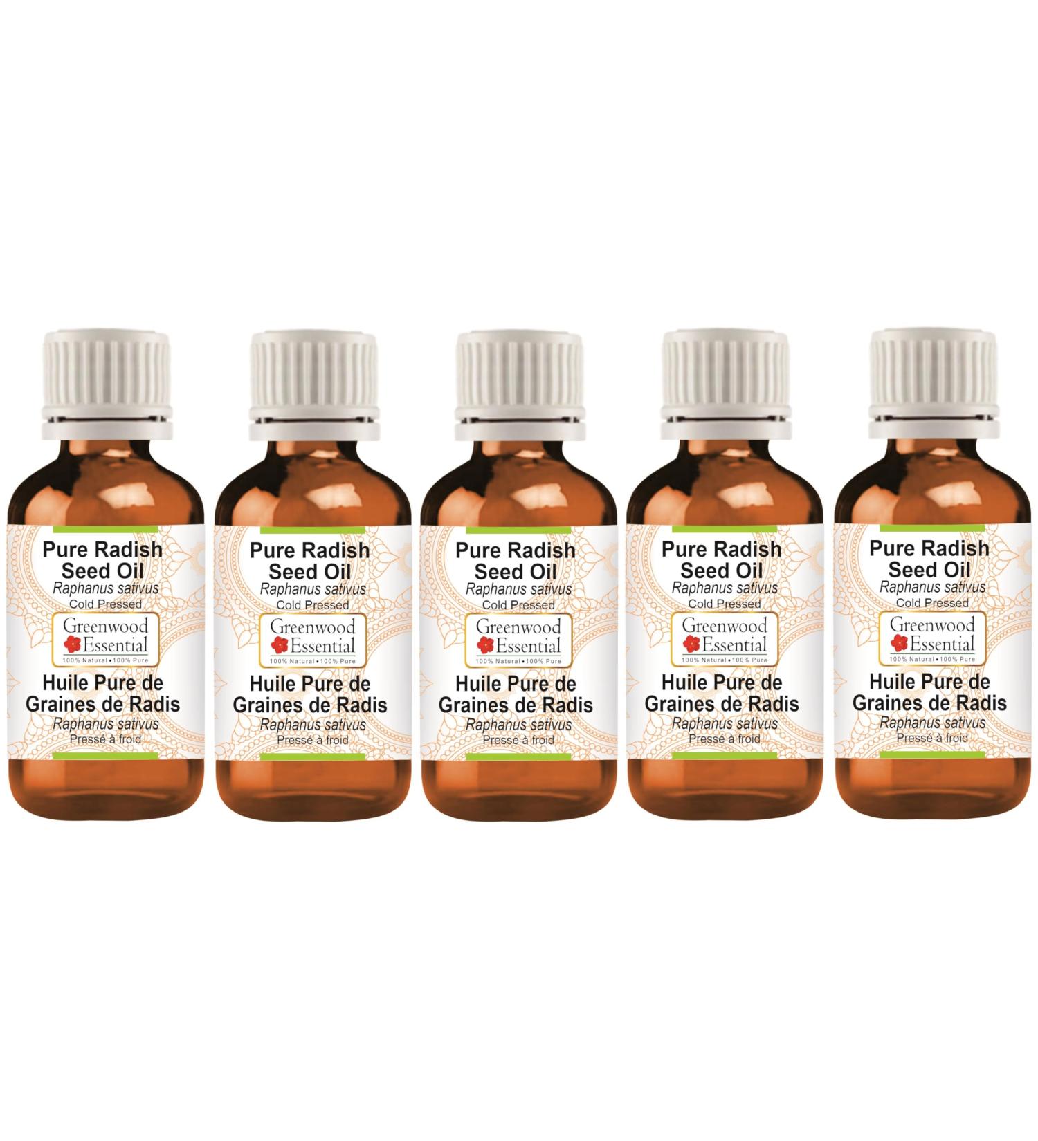 Buy Greenwood Essential Natural Radish Seed Oil - 100ml x 5 | Pure Therapeutic Cold-Pressed Raphanus Sativus Oil for Skincare | International Shipping Available - Buy Online on GoSupps.com