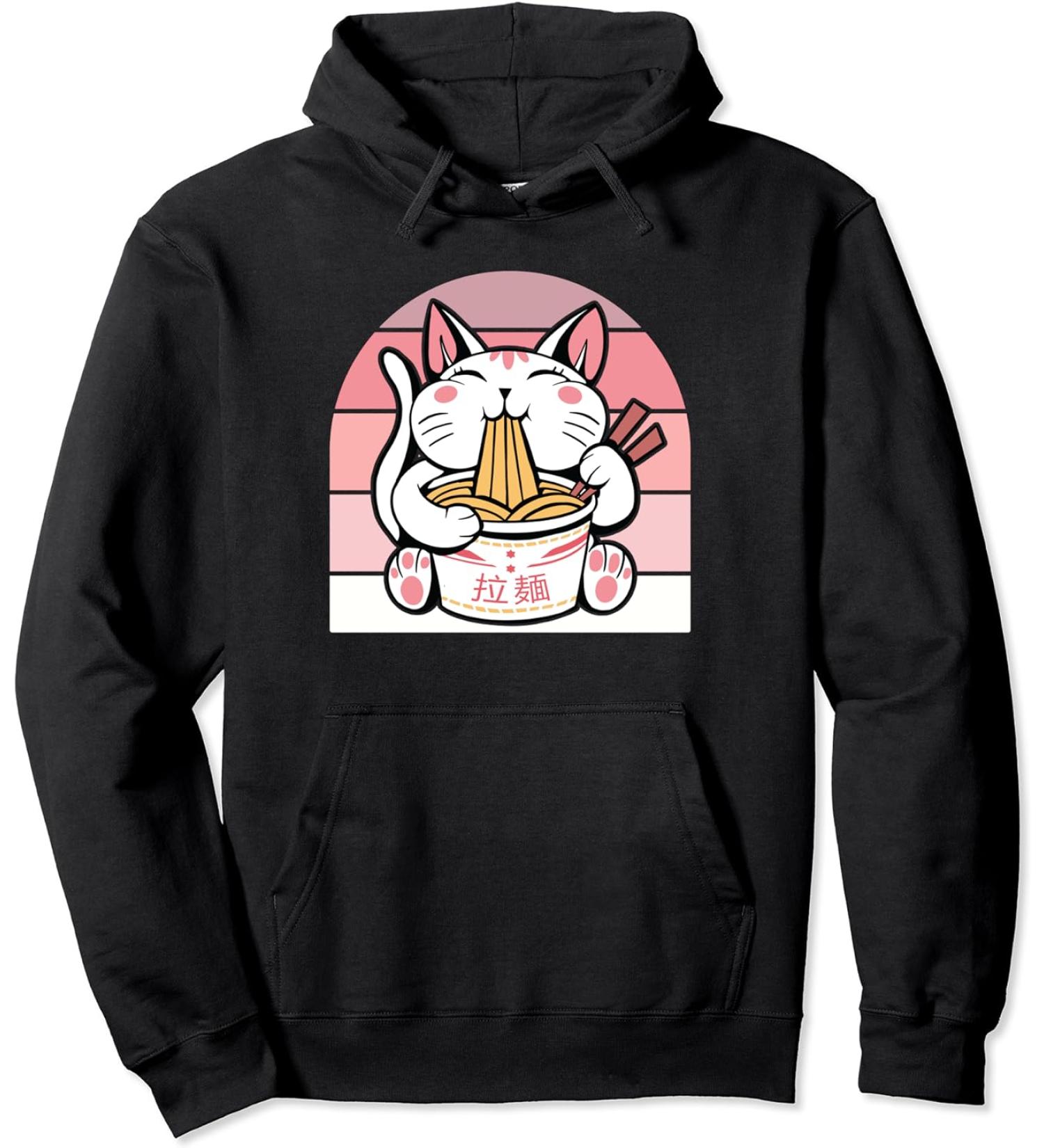 Kawaii Cat Neko Eating Ramen Noodle Soup Japanese Aesthetic Pullover Hoodie