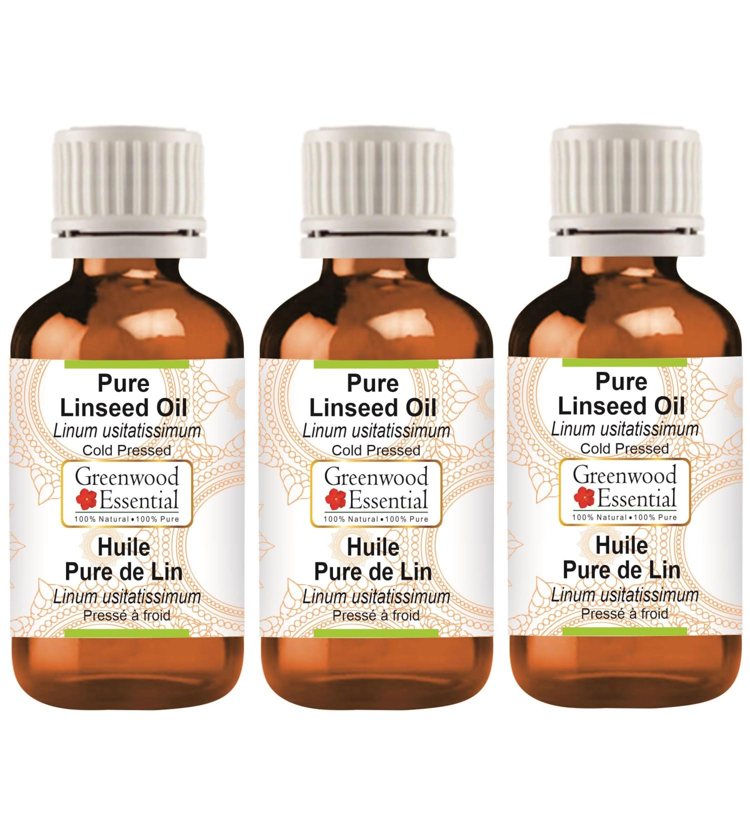 Greenwood Essential Natural Linseed Oil (Linum Usitatissimum) - Pure Therapeutic Quality Cold-Pressed - Pack of 3 x 100ml (10 oz) - International Shipping Available - Buy Online on GoSupps.com