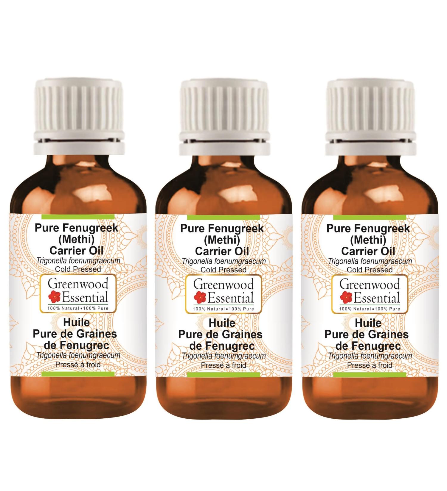 Buy Greenwood Essential Natural Bockshorn Clover (Methi) Carrier Oil - 100ml x 3 | Pure Cold-Pressed Therapeutic Quality - International Shipping Available - Buy Online on GoSupps.com