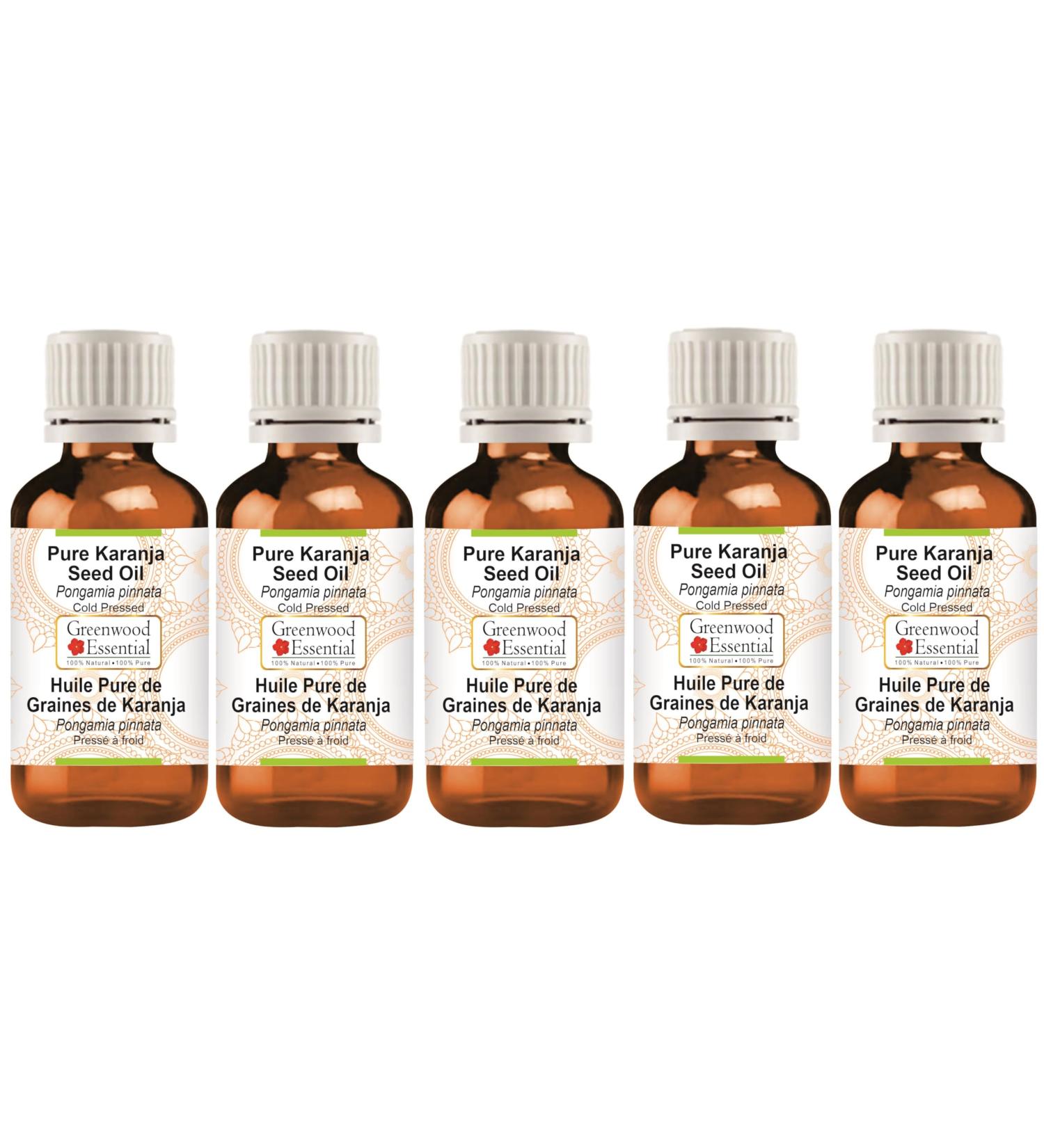 Greenwood Essentials Karanja Seed Oil - Pure 100ml x 5 Pack | Therapeutic Quality Cold-Pressed Oil with Euro Dropper | Natural Pongamia Pinnata for Skincare & Haircare - Buy Online on GoSupps.com
