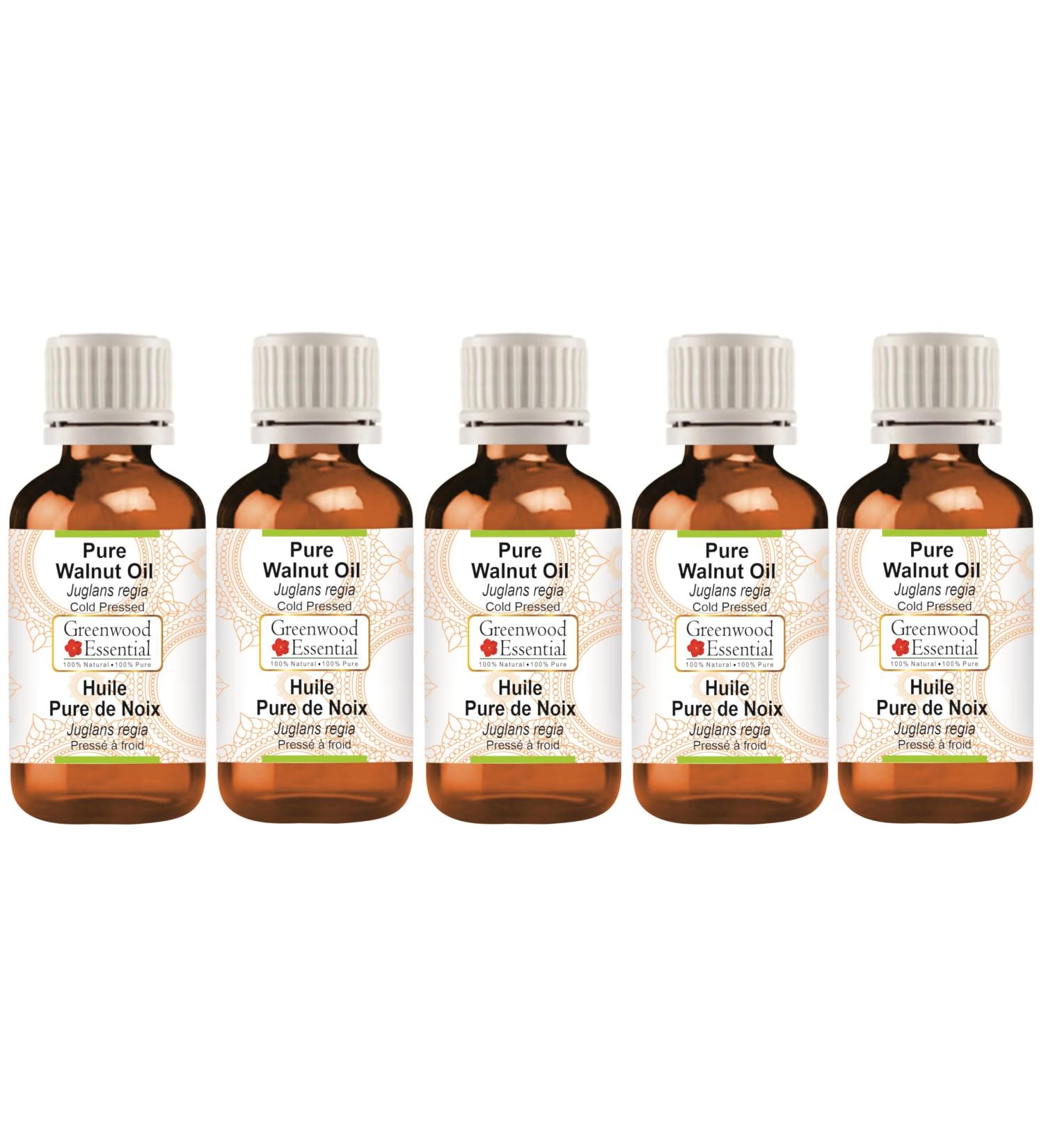 Greenwood Essential Pure Walnut Oil (Juglans regia) Cold Pressed (Pack of Five) 100ml X 5 (16.9 oz) - Buy Online on GoSupps.com