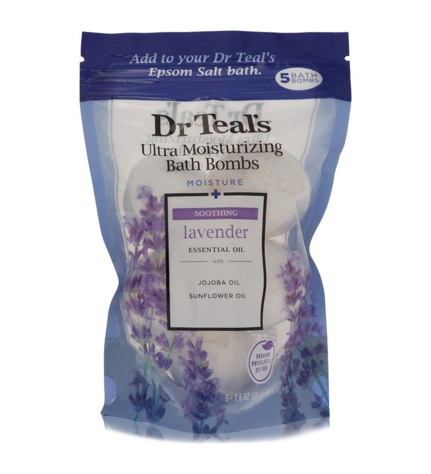 Dr Teal's Ultra Moisturizing Bath Bombs by Dr Teal's Five (5) 1.6 oz Moisture Soothing Bath Bombs with Lavender Essential Oils Jojoba Oil Sunflower Oil (Unisex) 1.6 oz for Men