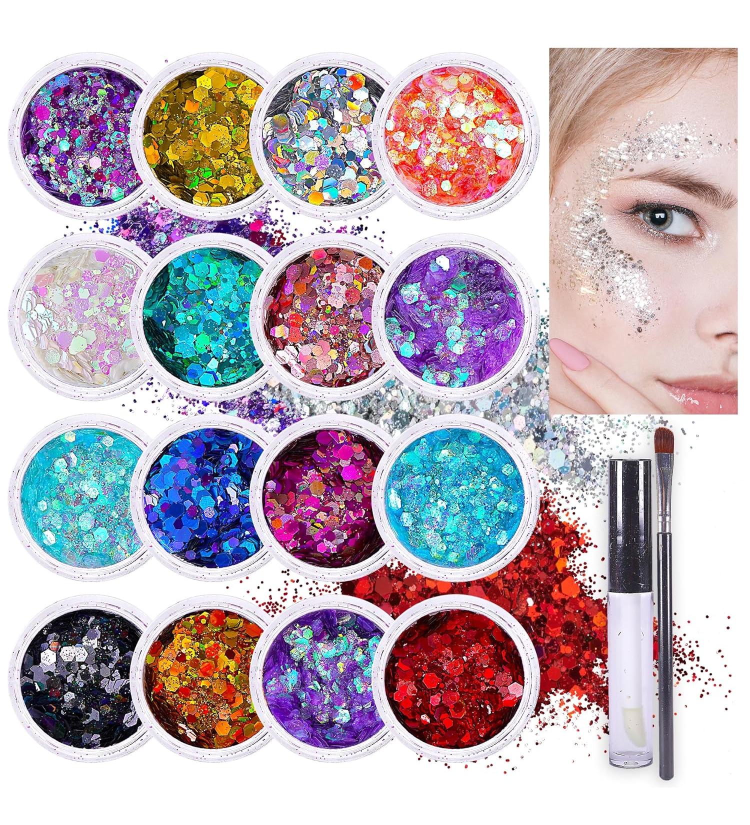 Chunky Holographic Rainbow Glitter I 16 Colors + Glitter Glue for Face Glitter Makeup, Hair, Eye & Fine Glitter Eyeshadow - Perfect for Festivals, Slime, Resin, Tumblers, Craft, Cosmetic & Nail Art 16 Pack Holographic Glitter - Buy Online on GoSupps.com