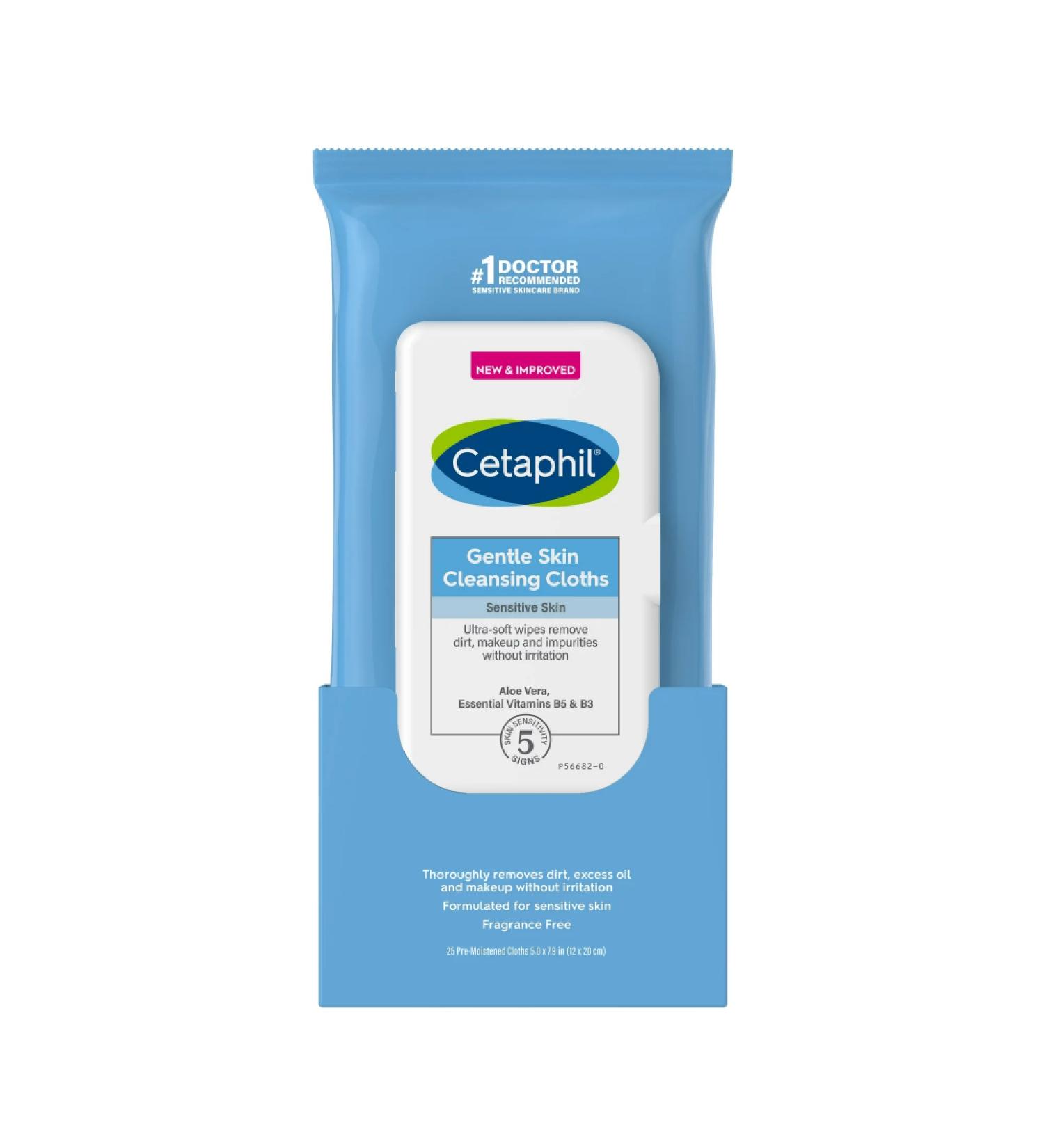 Cetaphil Gentle Skin Cleansing Cloths â€“ 25 Pre-Moistened 5x7.9 for Sensitive Skin - Buy Online on GoSupps.com