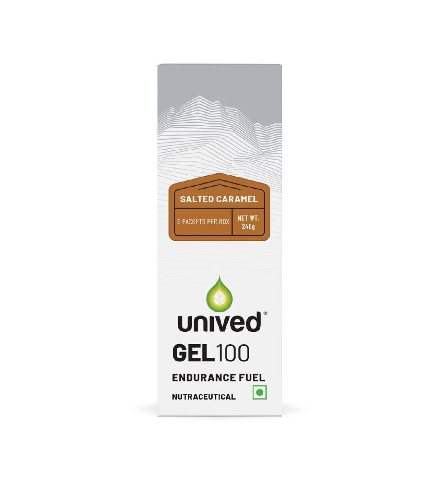 Unived Gel 100 - Vegan Energy Gel for Endurance Athletes Runners & Cyclists - 100kcal - Salted Caramel - Pack of 6  - Buy Online on GoSupps.com