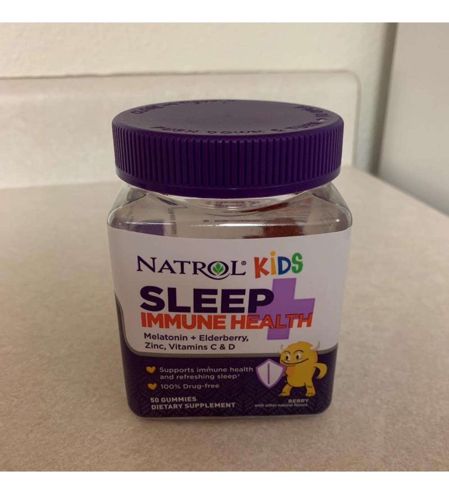 Natrol Kids Sleep Immune Health Aid Gummies with Melatonin Zinc Vitamin C and D - Elderberry - 50 Gummies 