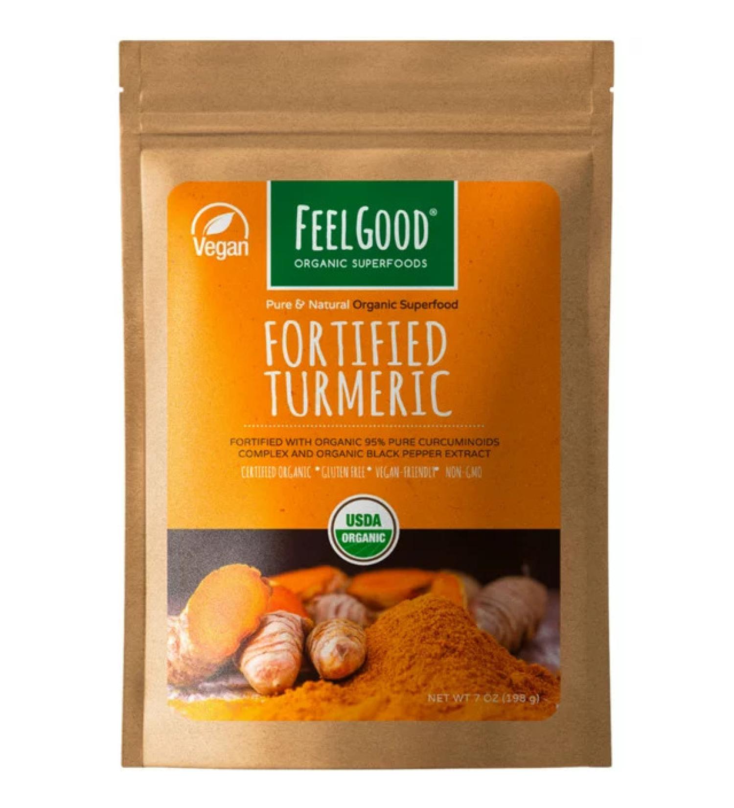 FeelGood Organic Superfoods Fortified Turmeric Powder - 95% Curcuminoids - 7 oz - Vegan, Gluten Free, Non-GMO - Buy Online on GoSupps.com