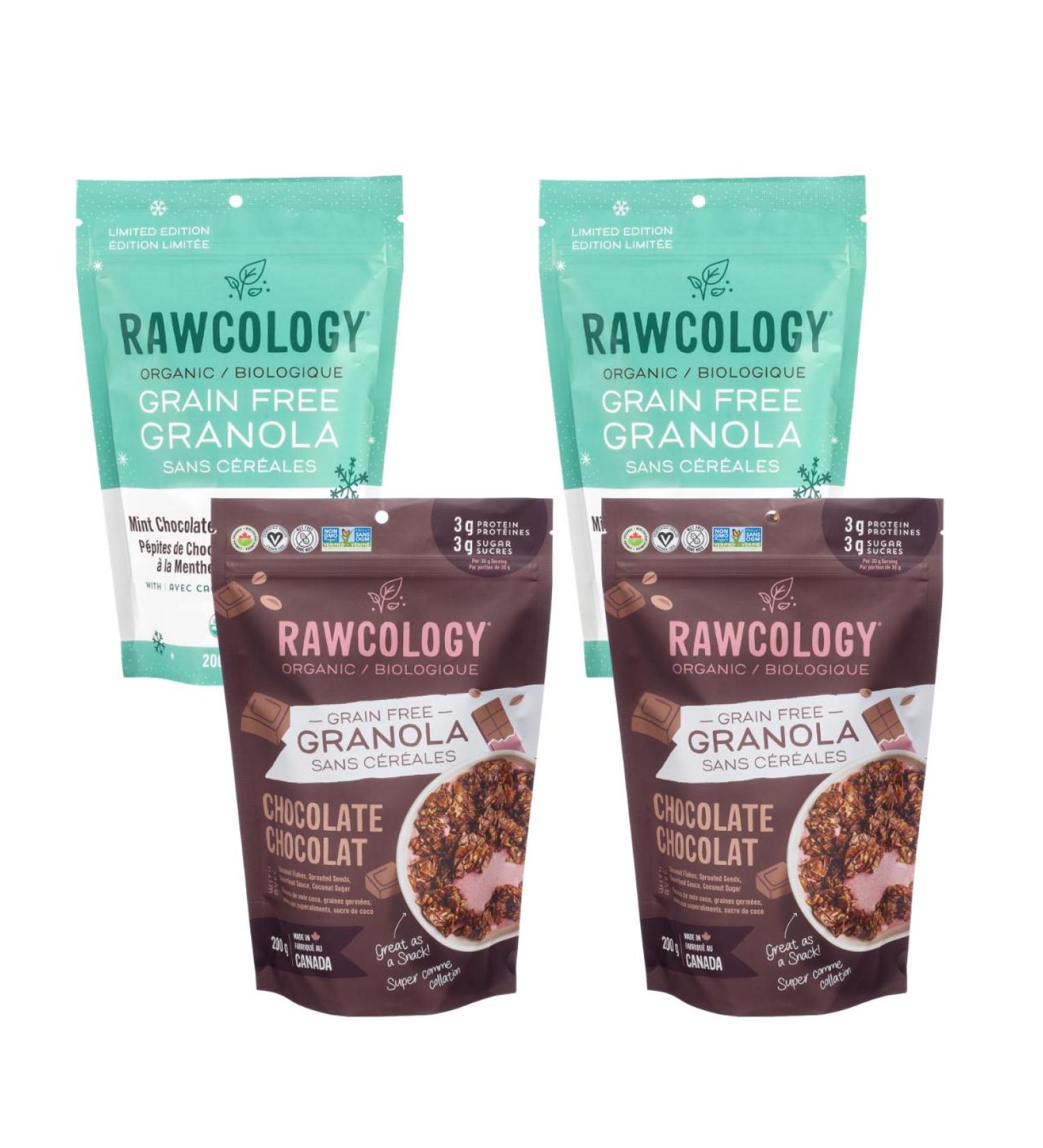 Rawcology - Keto Chocolate & Mint Cholocate Chip Organic Granola| Grain Free Granola | Gluten Free Granola | Healthy Cereal | Vegan Low Sugar Keto Paleo Peanut Free Allergen Friendly (4 x 200g) Mint Chocolate Chip & Chocolate - Buy Online on GoSupps.com