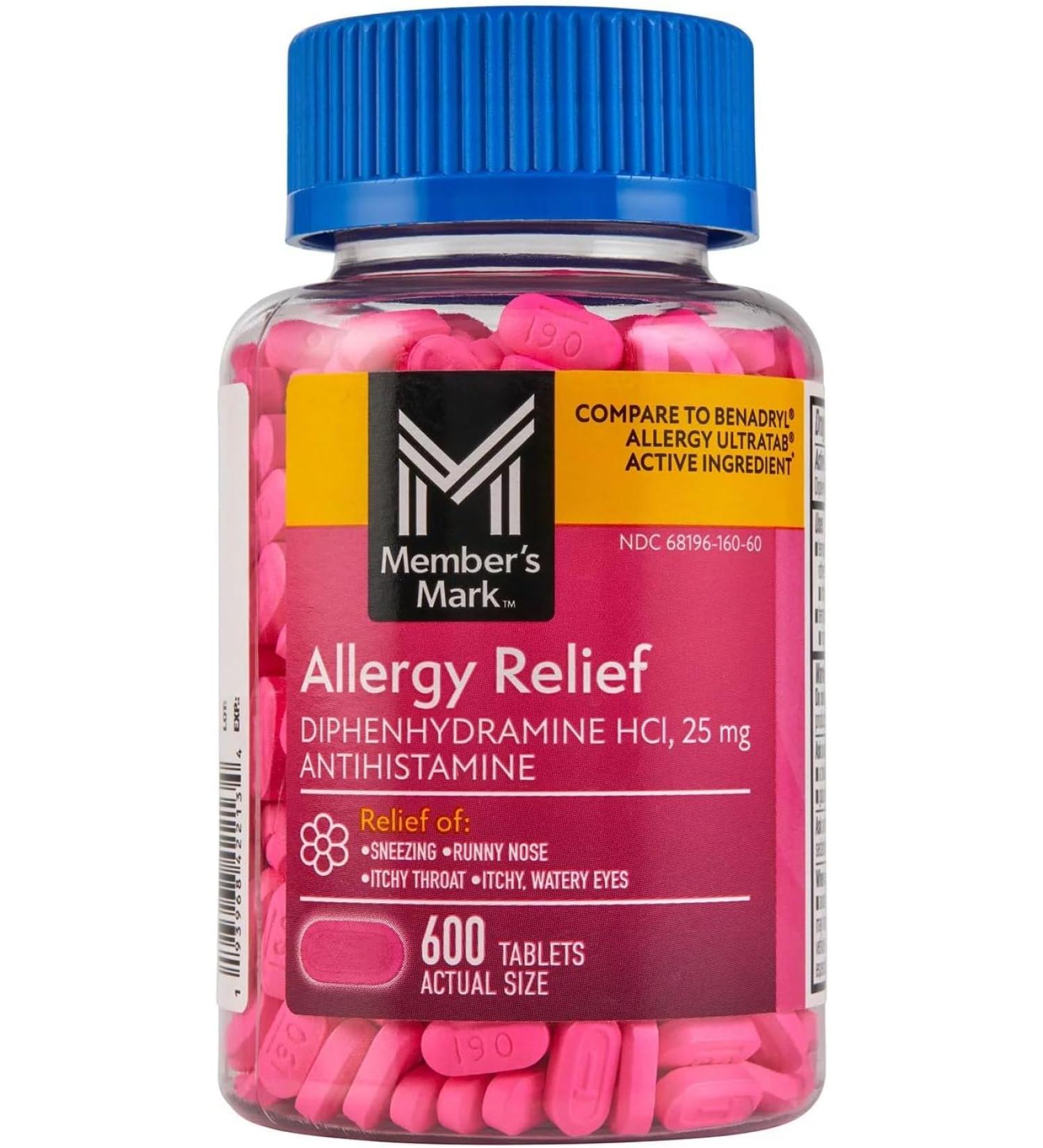 Member's Mark Diphenhydramine HCl 25mg Antihistamine Allergy Relief - 600 Tablets - Buy Online on GoSupps.com