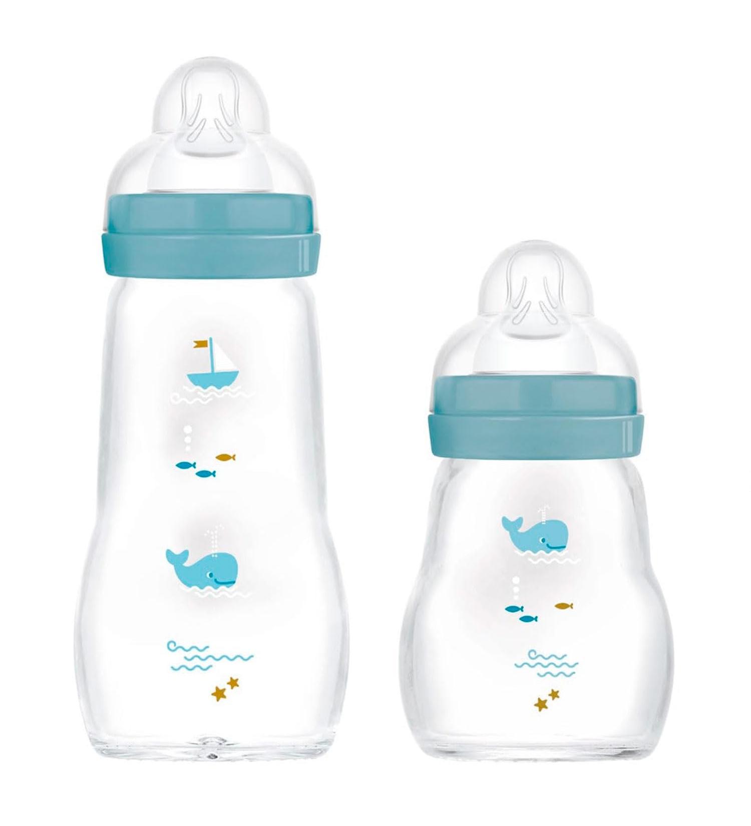 MAM Baby Glass Bottles 2 Pack - Feel Good from Birth (170ml & 260ml) - Safe & Stylish Blue Feeding Bottles for Babies - Buy Online on GoSupps.com
