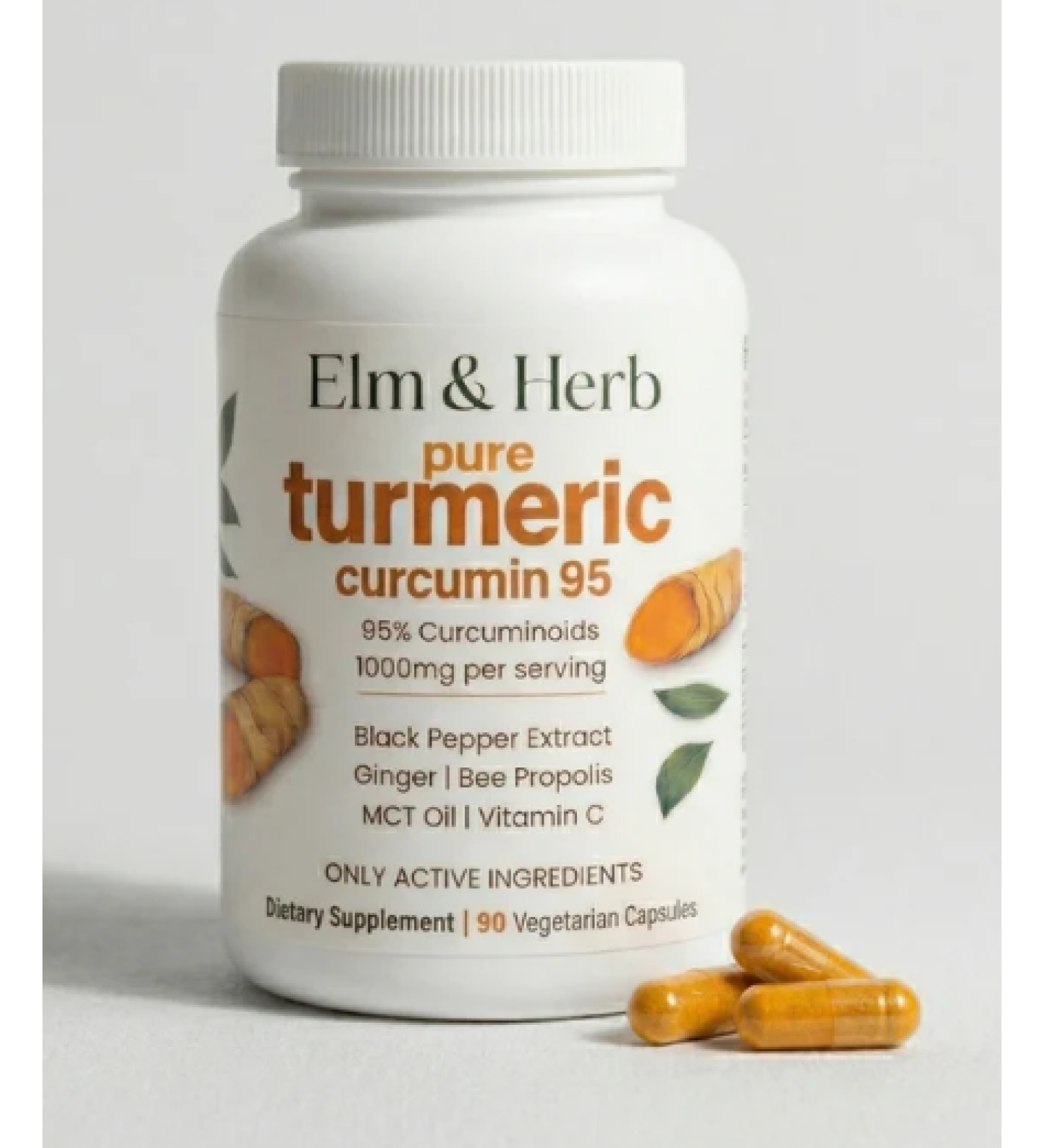 Elm and Herb Turmeric Curcumin 1000mg 95% Curcuminoids with Bee Propolis Ginger MCT Oil & Vitamin C Enhanced Absorption Formula 90 Veggie Capsules - Buy Online on GoSupps.com