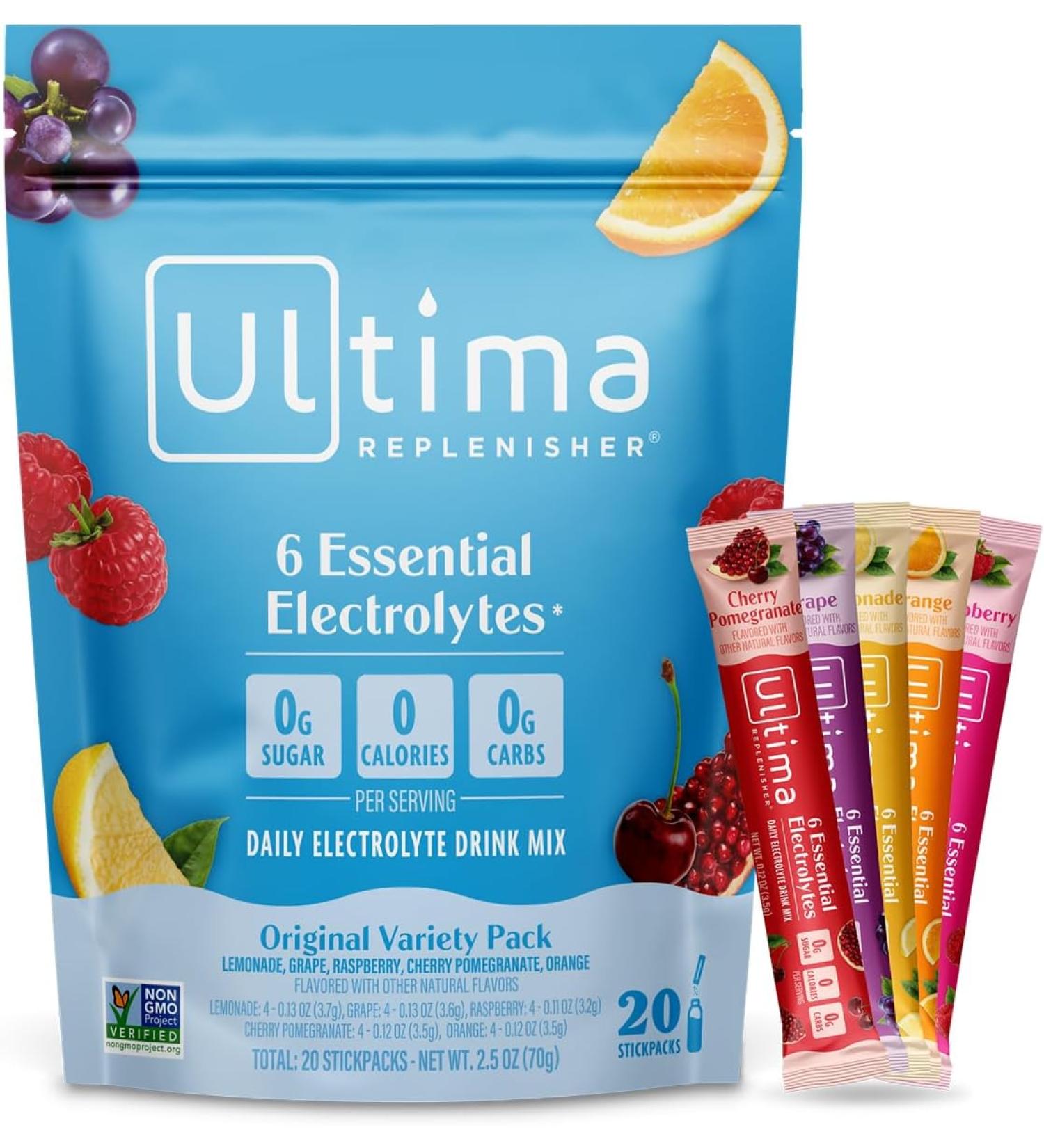 Ultima Replenisher Electrolyte Packets - 20 Count Variety Pack | Keto & Sugar Free - On the Go Hydration | Non-GMO & Vegan | Feel Replenished and Revitalized - Buy Online on GoSupps.com