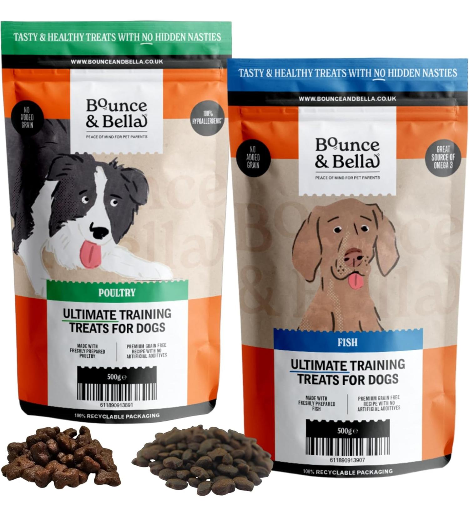 Bounce and Bella Grain Free Training Treats made with Freshly Prepared Ingredients (1 Poultry & 1 Fish 2 Pack 1000g) - Buy Online on GoSupps.com