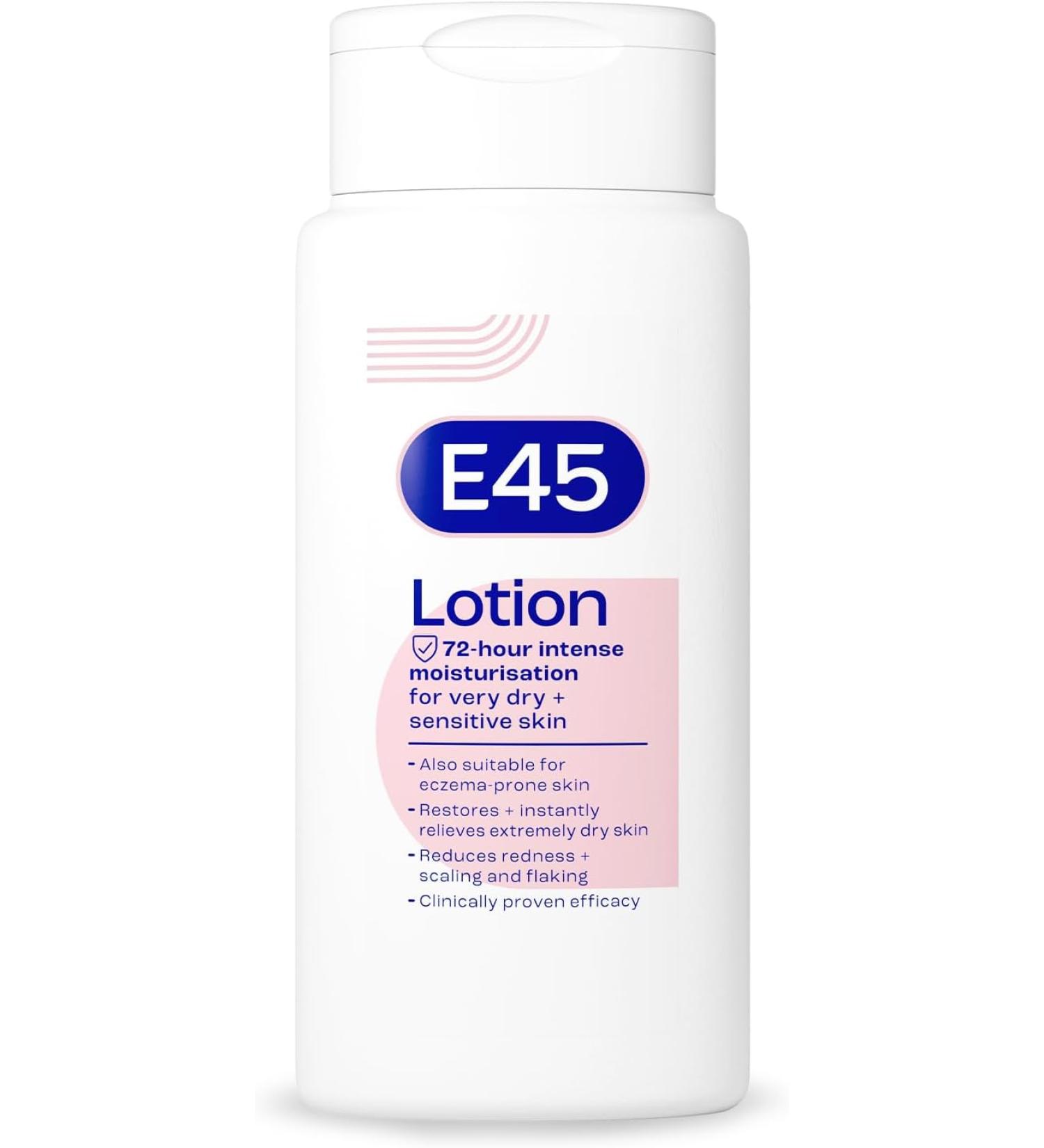 E45 Dermatological Moisturising Lotion 200ml - Daily Moisturiser for Dry & Sensitive Skin, Long-Lasting Hydration, Protects from Dryness, Reduces Redness & Flaking - Buy Online on GoSupps.com
