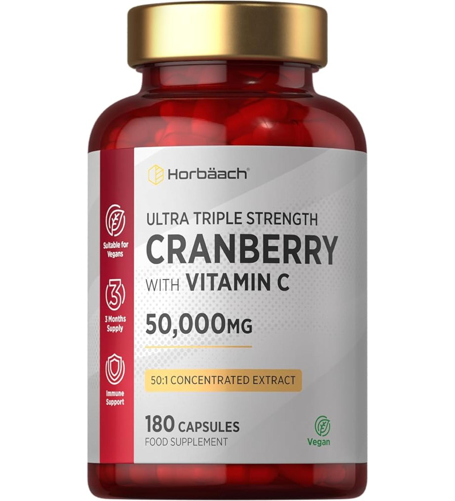 Cranberry Capsules 45,000mg with Vitamin C | 180 High Strength Powder Capsules | Women & Men's Supplement by Horbaach - Buy Online on GoSupps.com