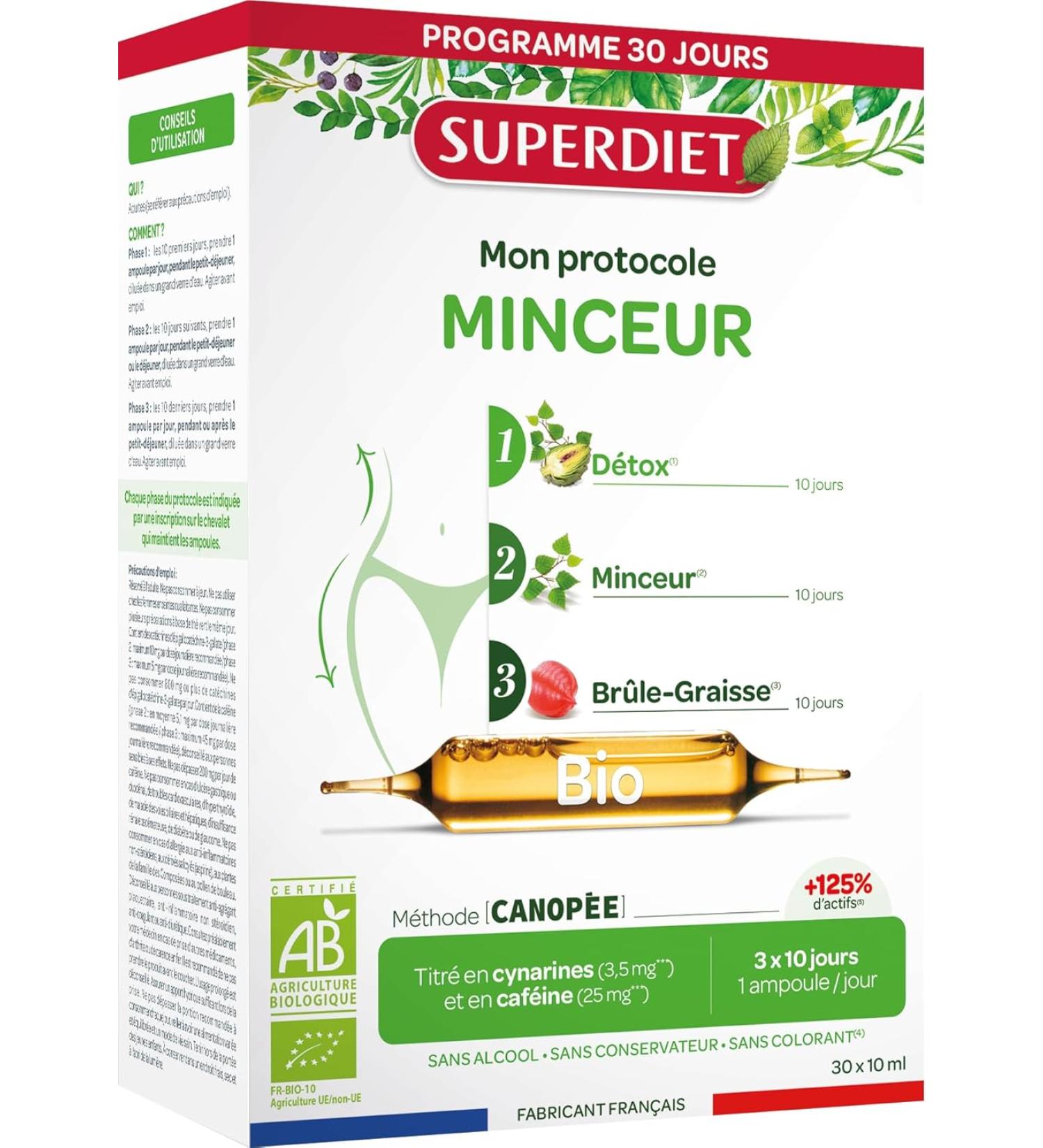SUPERDIET Organic slimming protocol 3 phases: drainage elimination fat burner Herbal medicine Made in France 30 ampoules of 10 ml. - Buy Online on GoSupps.com