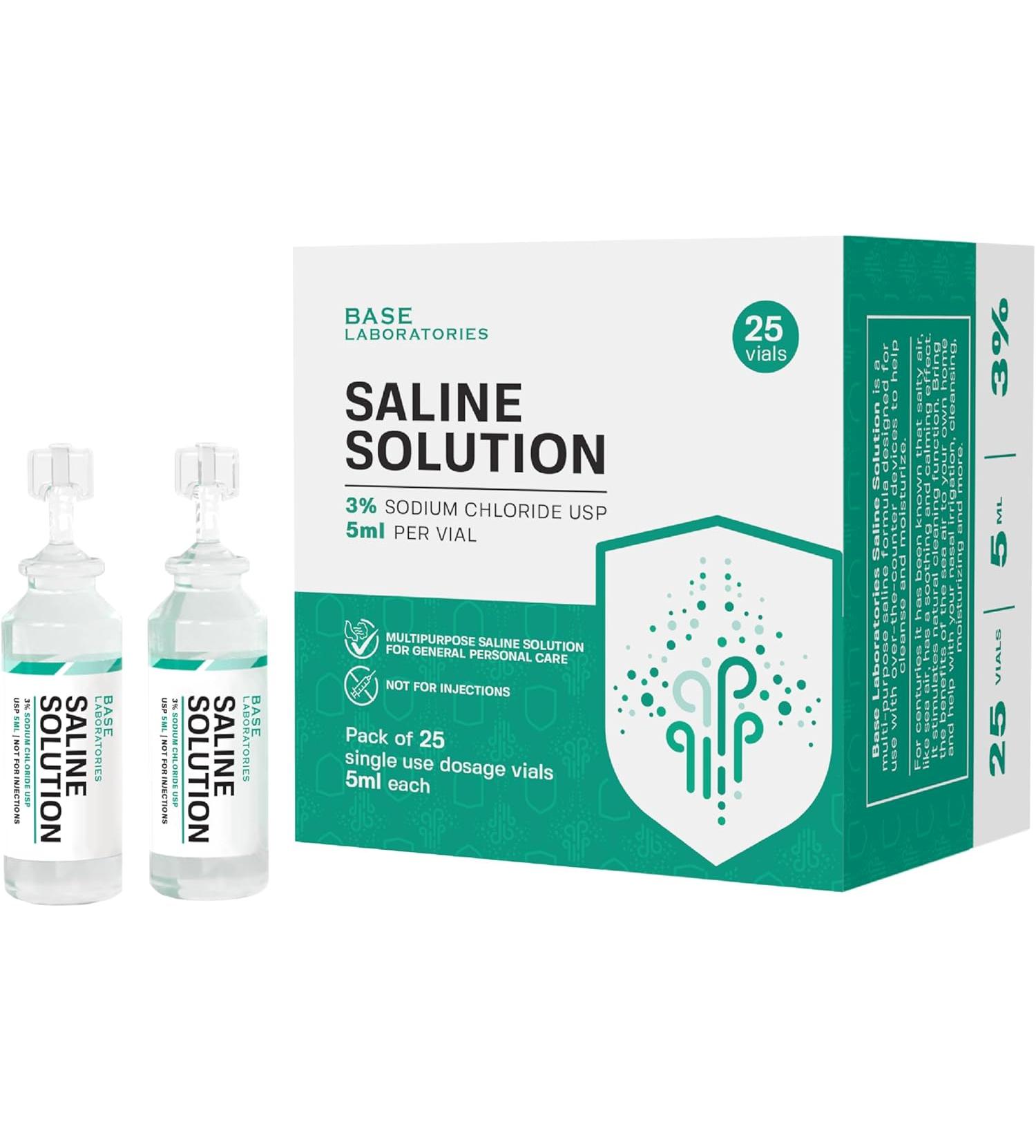 Base Labs 3% Hypertonic Saline Solution for Nebulizer Machine - 25 Vials, 5ml Unit Dose l Kids & Adults | Respiratory Relief & Nasal Hygiene | Clears Lungs & Congestion - Buy Online on GoSupps.com