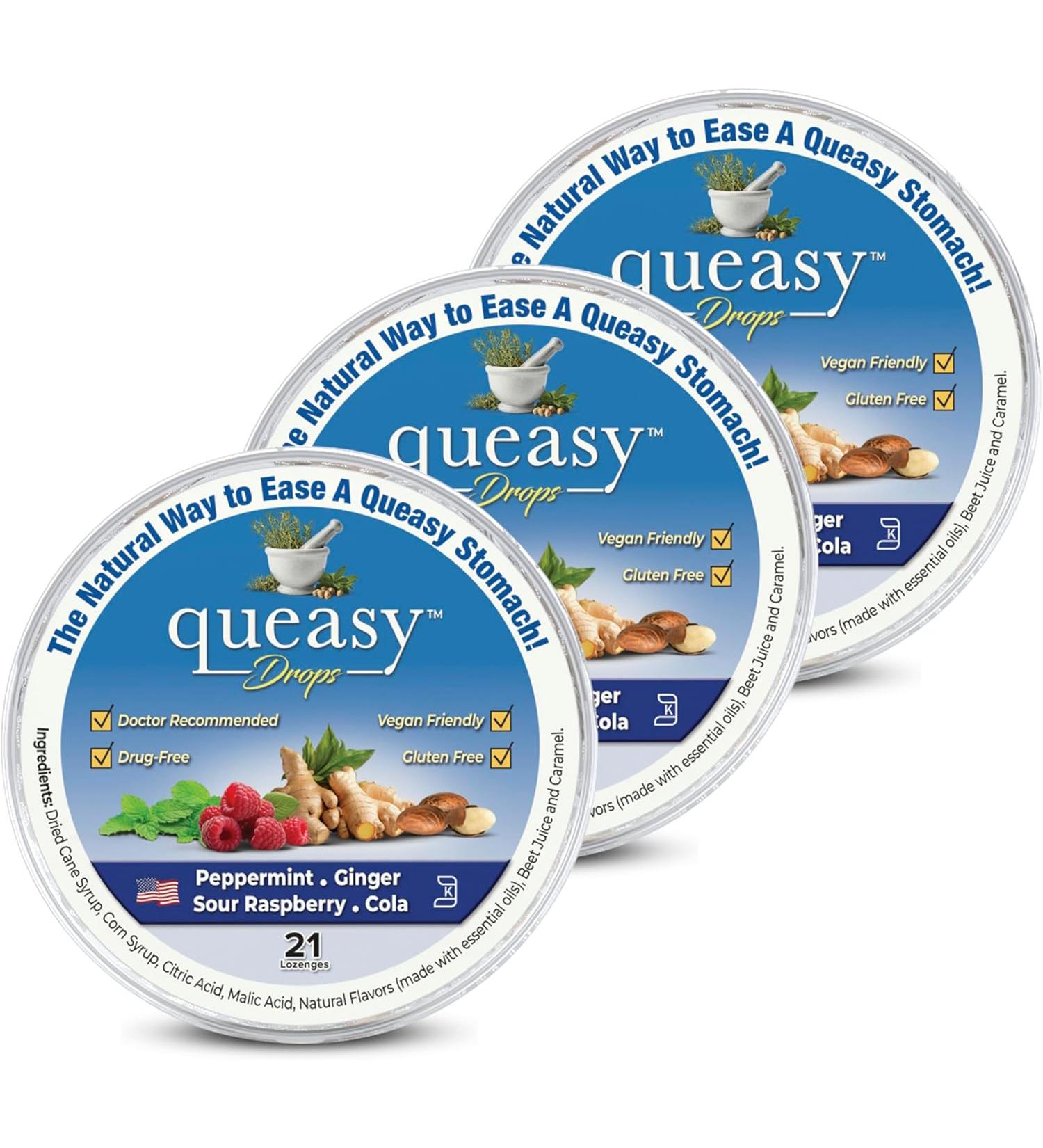 Queasy Drops 63 Pack for Nausea Relief | Chemo, Motion Sickness, Hangover | Drug-Free & Gluten-Free | 5 Flavors - Green Tea, Ginger, Raspberry, Banana, Cola - Buy Online on GoSupps.com