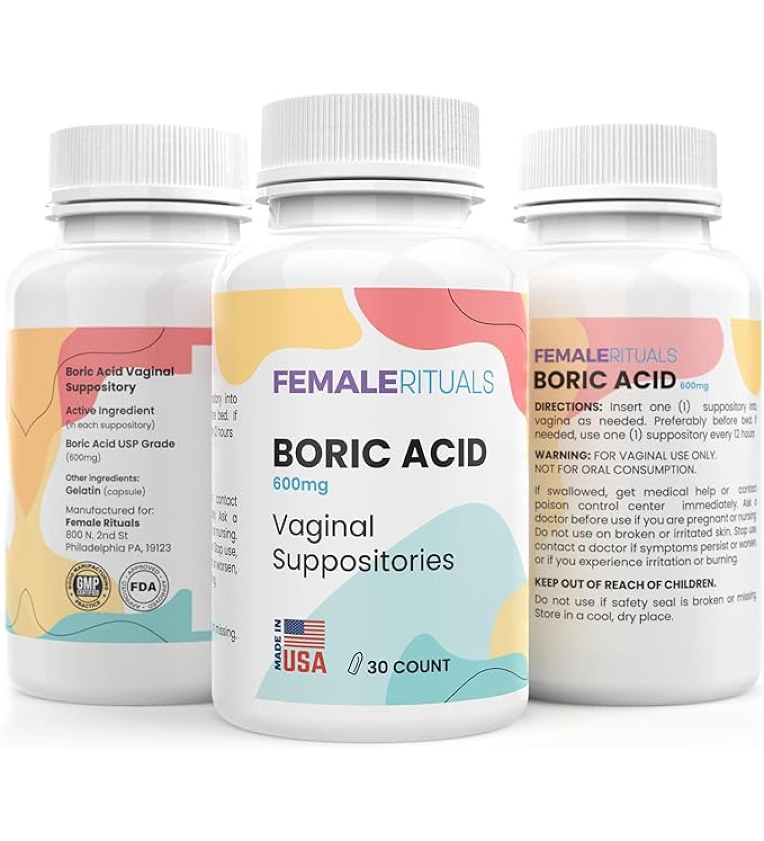 Female Rituals Boric Acid Suppositories 600mg - Vaginal pH Balance & Yeast Infection Treatment - USA Made Feminine Hygiene (30 Count) - Buy Online on GoSupps.com