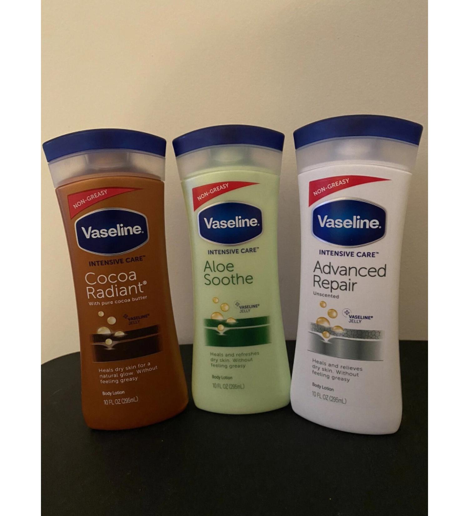 Vaseline Intensive Care Lotion Aloe Soothe,Cocoa Radiant,Advance Repair - Pack of 3 - 10 Fl Oz.