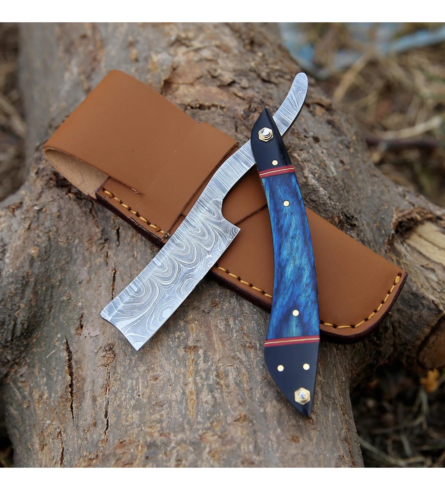 Damascus Straight Razor Kit for Men - Shave Ready Straight Edge Razor, Barber Approved, Blue, Leather Case - Great Gift - Buy Online on GoSupps.com