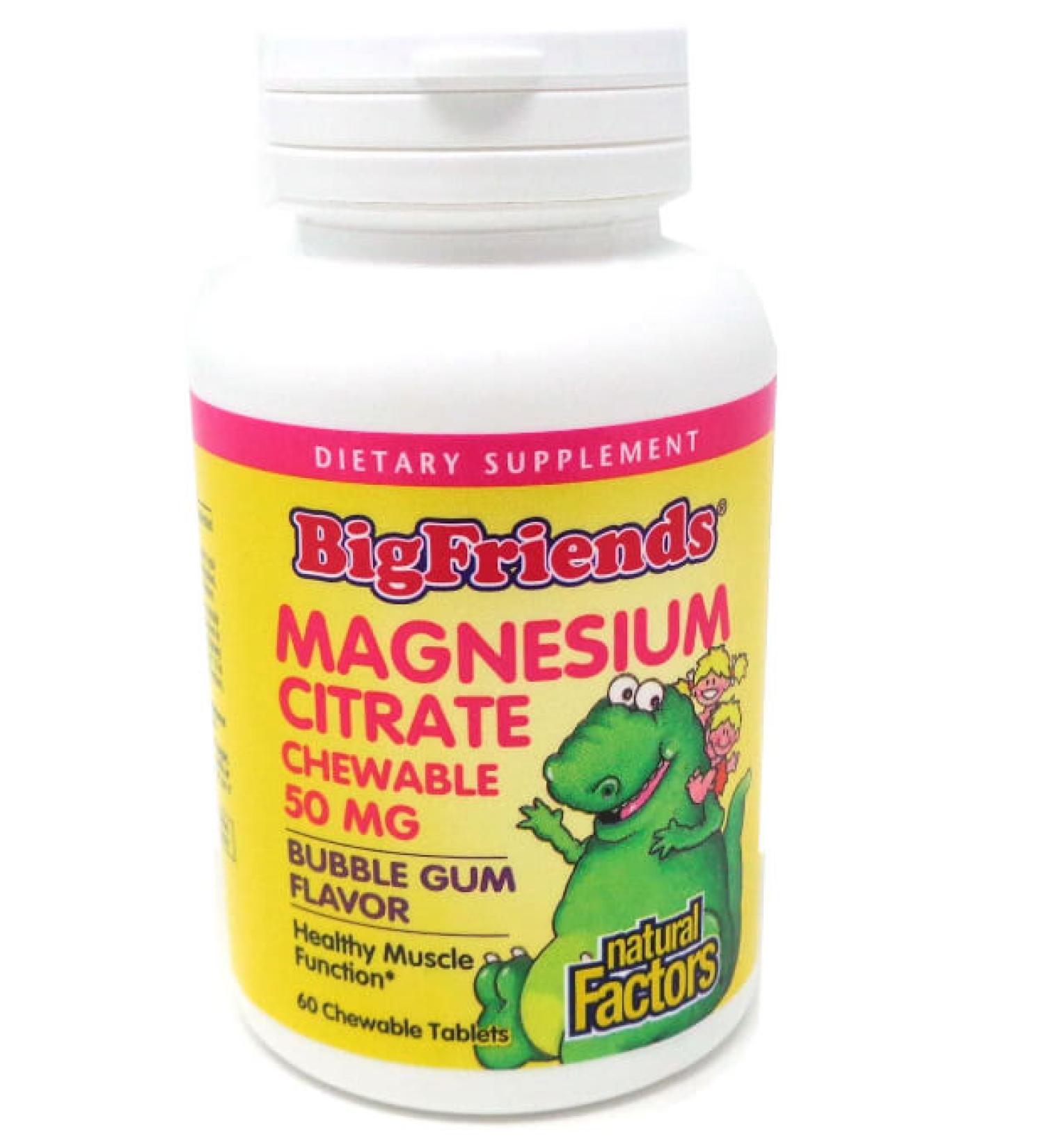 Natural Factors Big Friends Magnesium Citrate 50mg Chewable Tablets - Bubble Gum Flavor, 60 Count - Buy Online on GoSupps.com