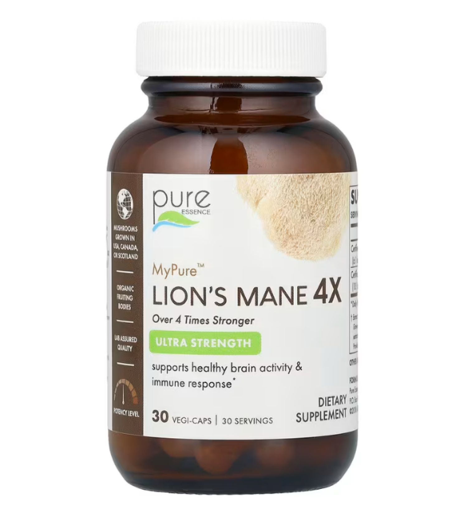 PURE ESSENCE LABS MyPure Lions Mane 4X Mushroom Supplement - Immune Support & Energy Boost - 100% Real Mushroom Extract - 30 Capsules - Buy Online on GoSupps.com