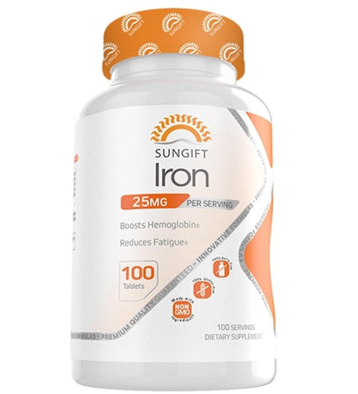 Sungift Iron 25 MG Capsules - 100 Tablets for Energy & Wellness - Buy Online on GoSupps.com