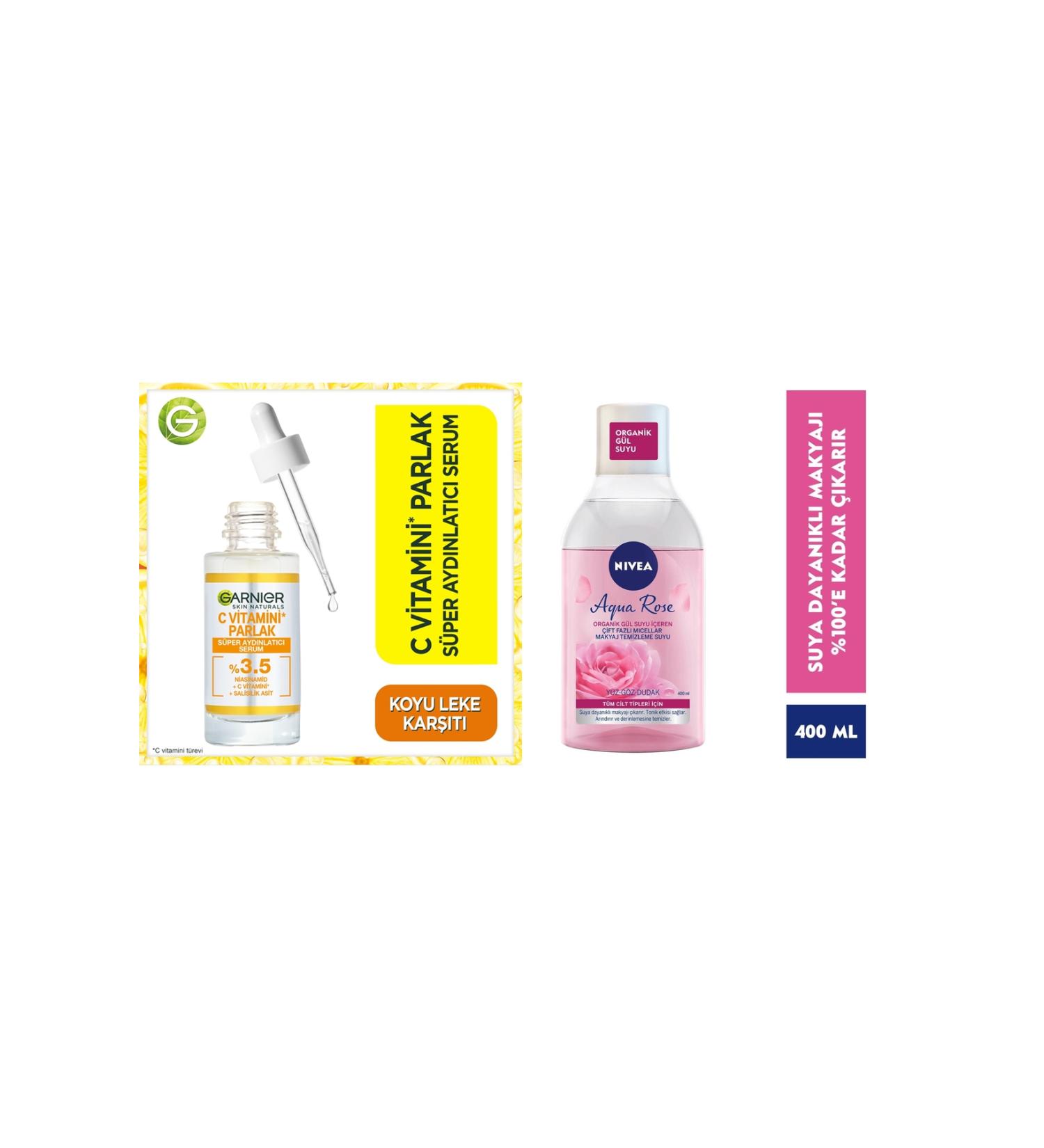 Garnier Vitamin C Brightening Serum + Nivea Aqua Rose Water Dual Phase Cleansing Water 400 ml - Buy Online on GoSupps.com