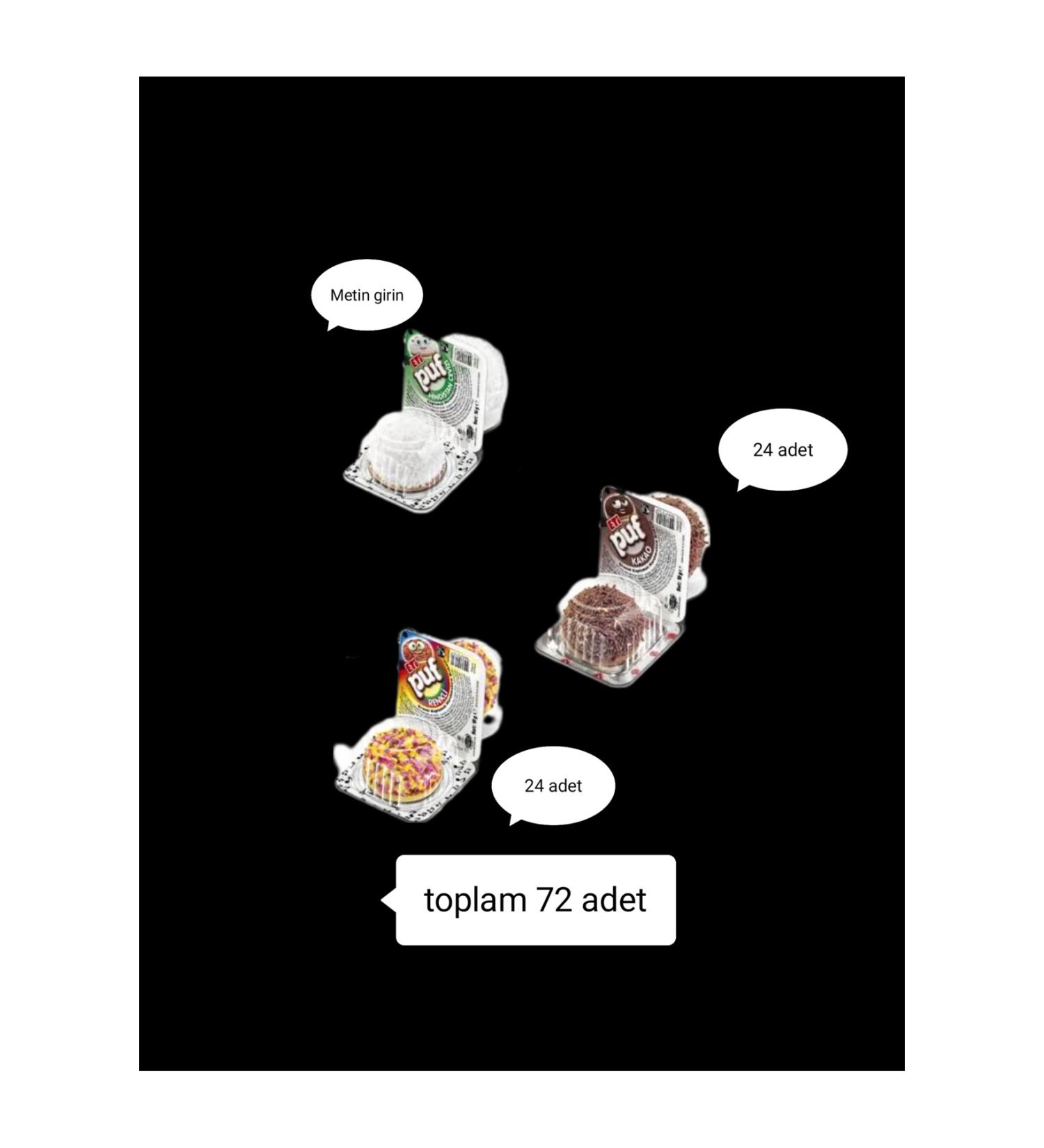 Eti puff India 24 pcs. Cocoa 24 pcs. Colored 24 pcs. Total 72 pcs. Eti puff mixed