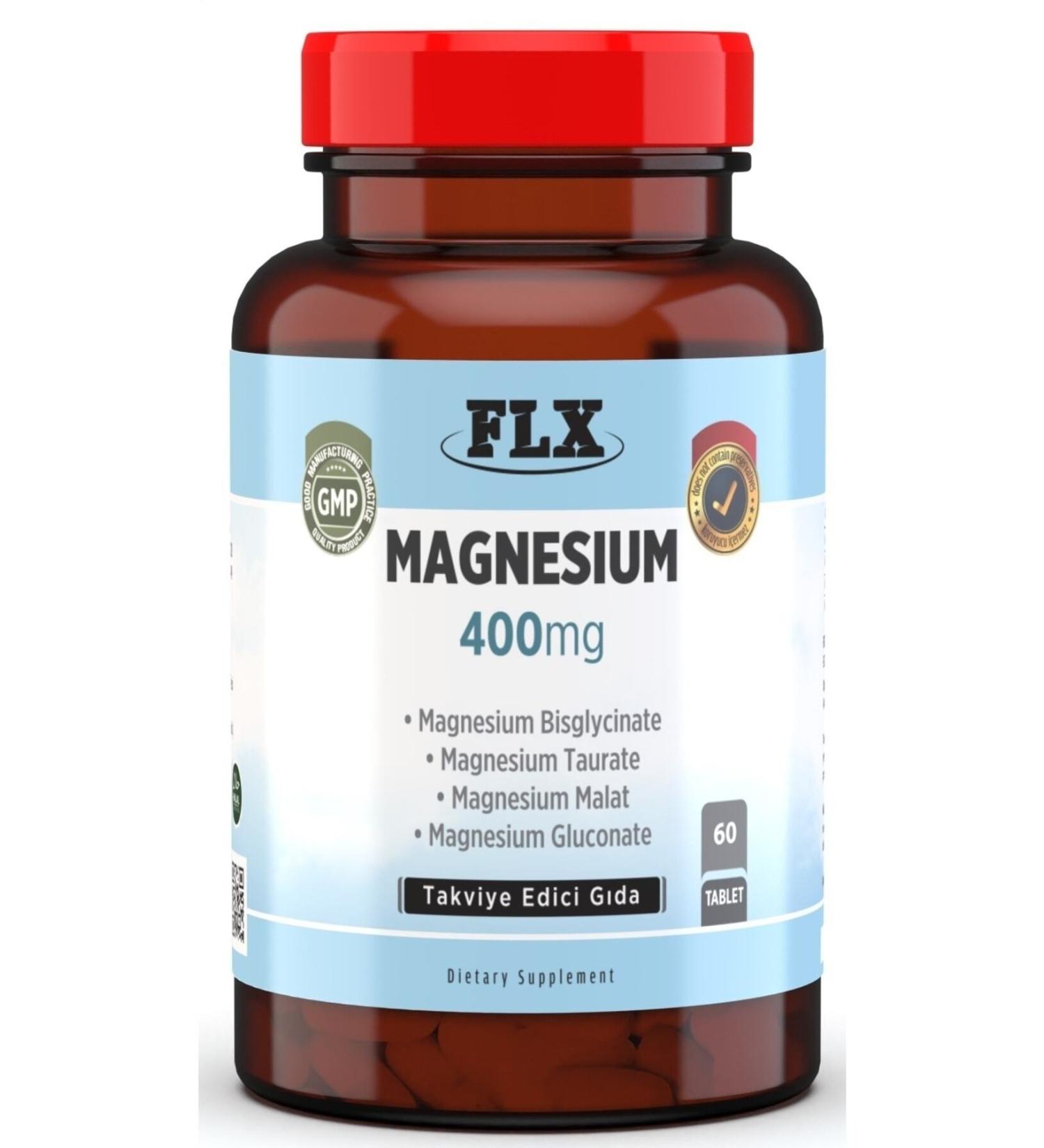 FLX 60 Tablets Magnesium Elements 400 mg Magnesium Bisglycinate Malate Taurate Gluconate
